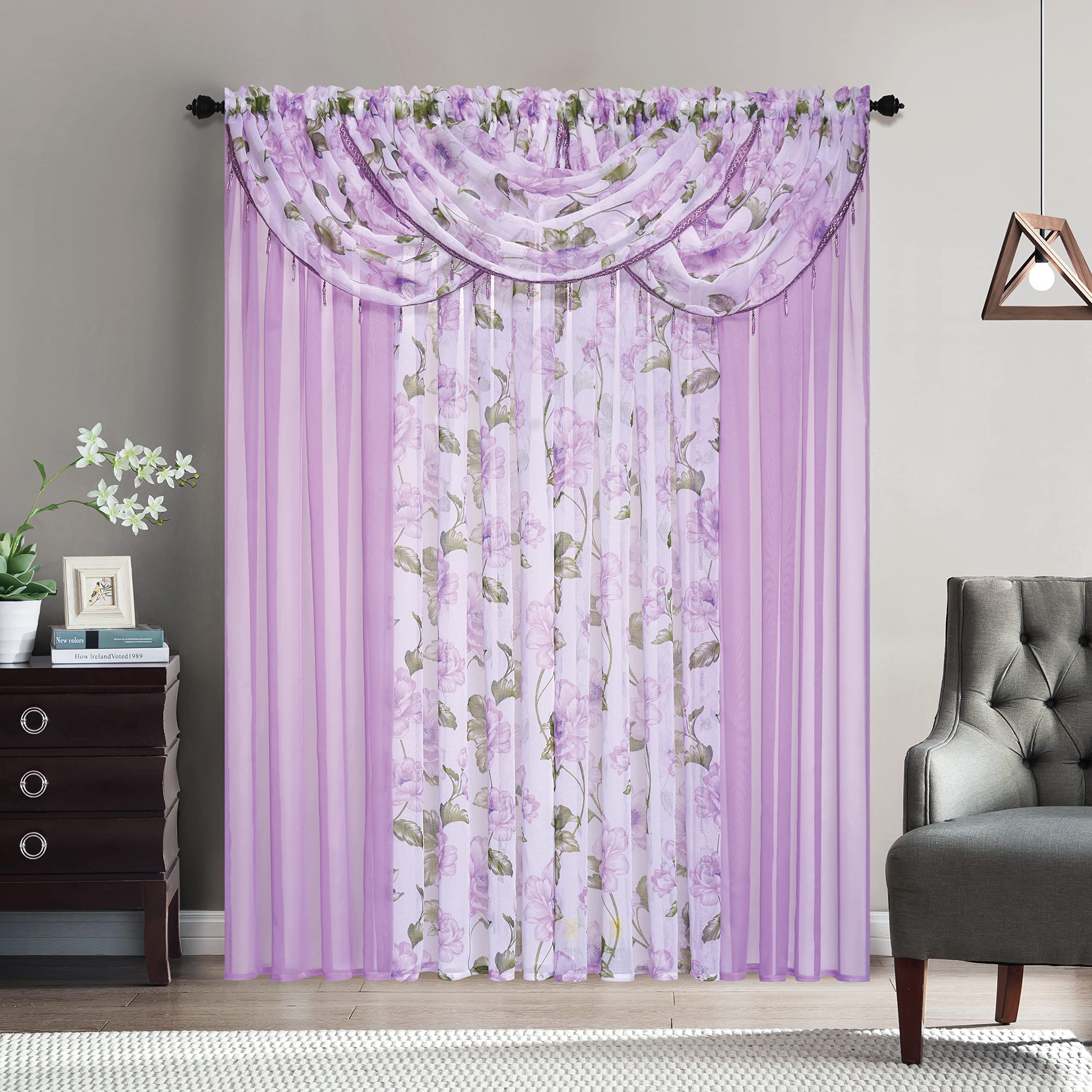LinenTopia Floral Sheer Curtains - Multicolor Flower 4 Panels Set with 3 Valances, 54" x 84", Privacy Voile Window Curtains for Living Room, Bedroom, Kitchen, Dining Room - Sanday/Purple