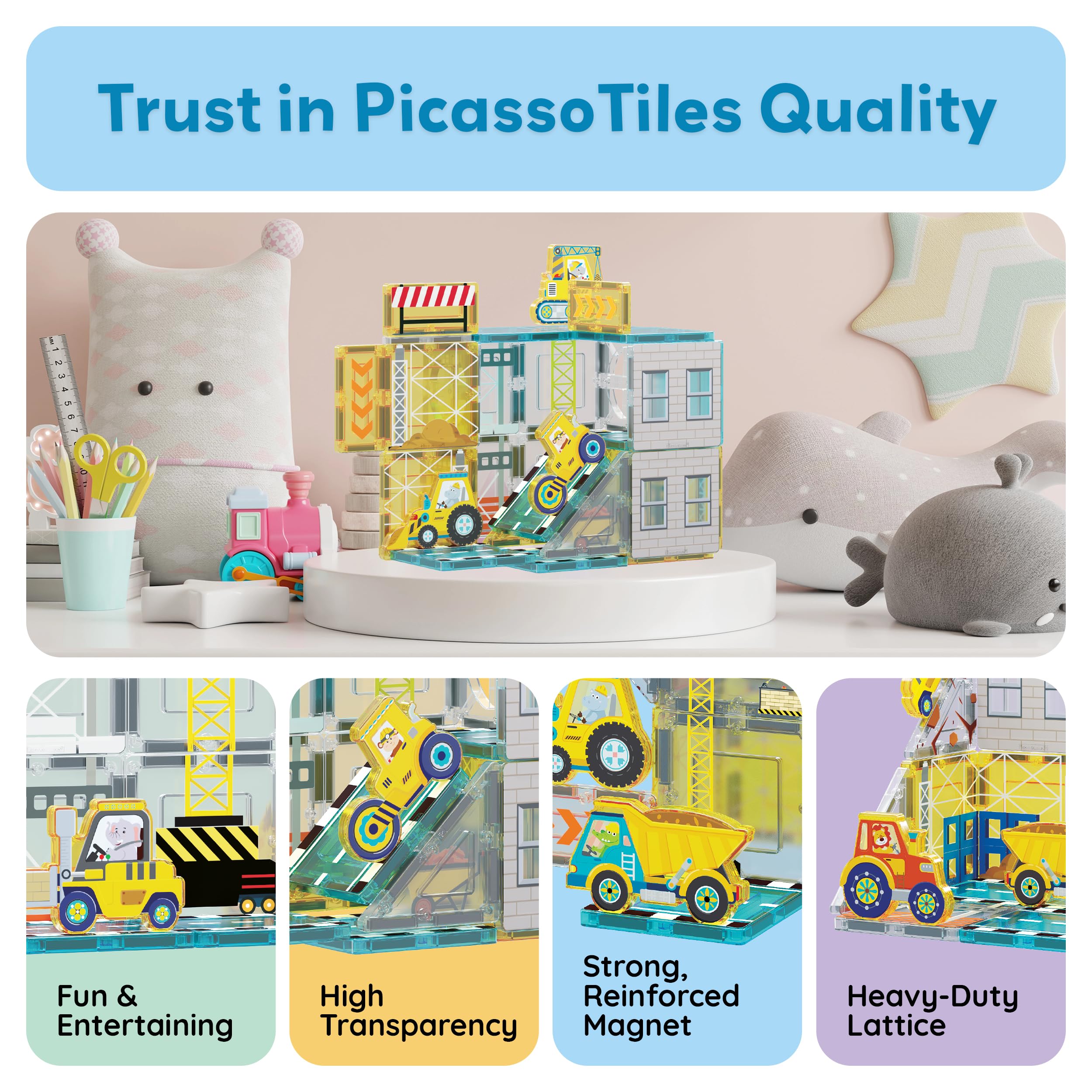 PicassoTiles Magnetfliesen-Baustein-Set mit 8 Baufahrzeugen Kurbelwagen, Bagger, Bullsdozer, Straßenwalze, Betonmischer, Traktor, Muldenkipper, Gabelstapler, Magnetspielzeug für Kinder ab 3 Jahren,