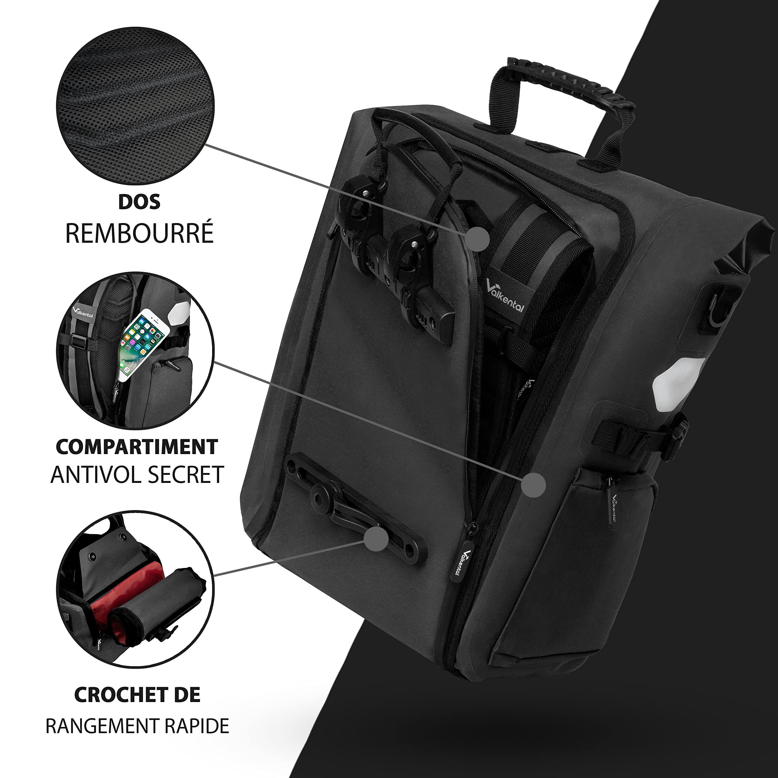 Valkental - Sacoche de vélo Haut de Gamme 3 en 1 - TPU respectueux du Climat - 23L - Convient comme Sacoche de Porte-Bagages, Sac à Dos et Sac bandoulière - 100% étanche