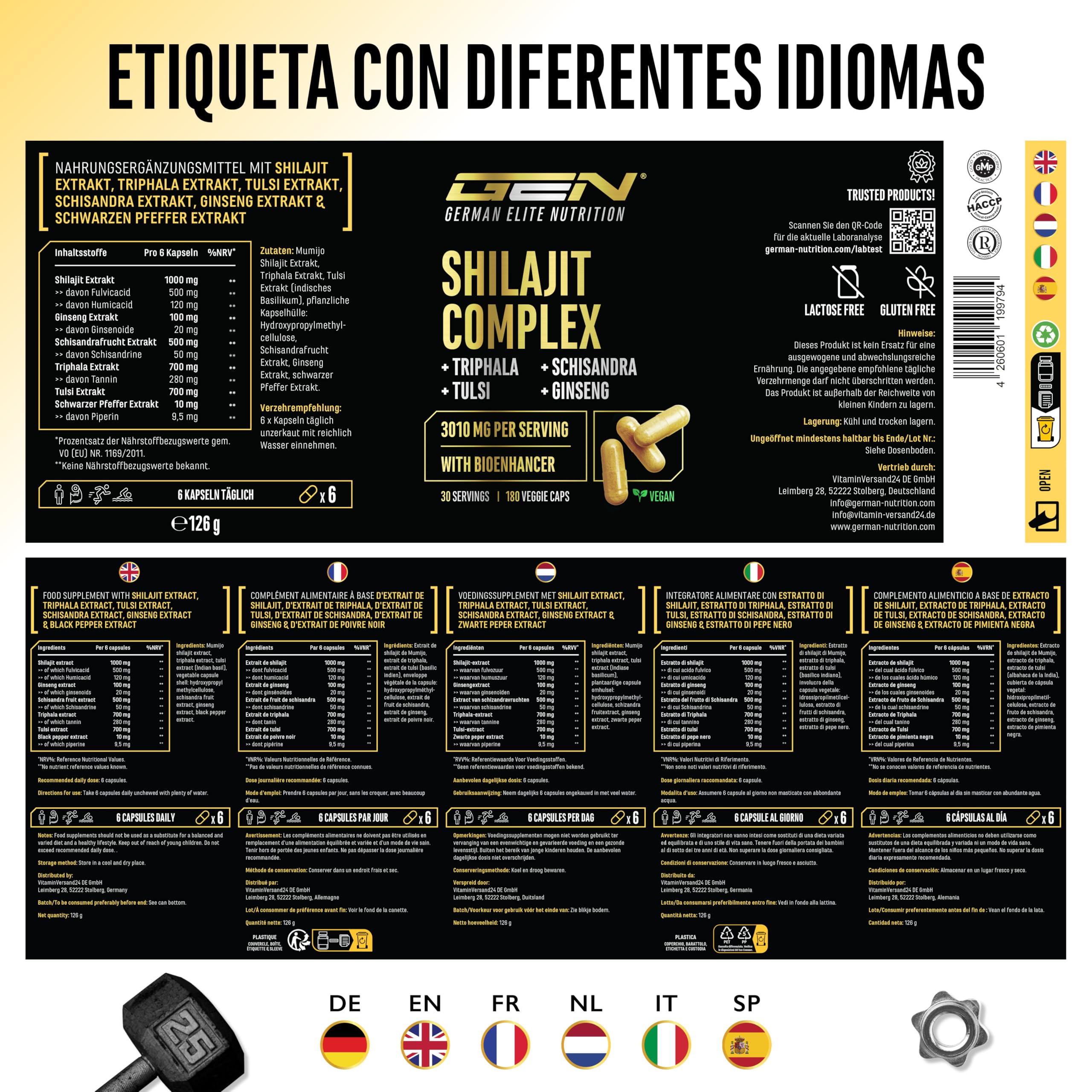 Shilajit Complex - 180 cápsulas - Alta dosis con 3010 mg por dosis diaria - Con ginseng, schisandra, triphala, extracto de tulsi, 50% de ácido fúlvico y 12% de ácido húmico - Vegano