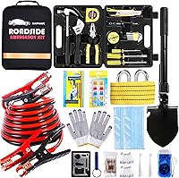 HAIPHAIK Car Emergency Roadside Kit: 11.8FT Jumper Cables, Tow Strap, Folding Shovel, 124pc Safety Tools for Men & Women