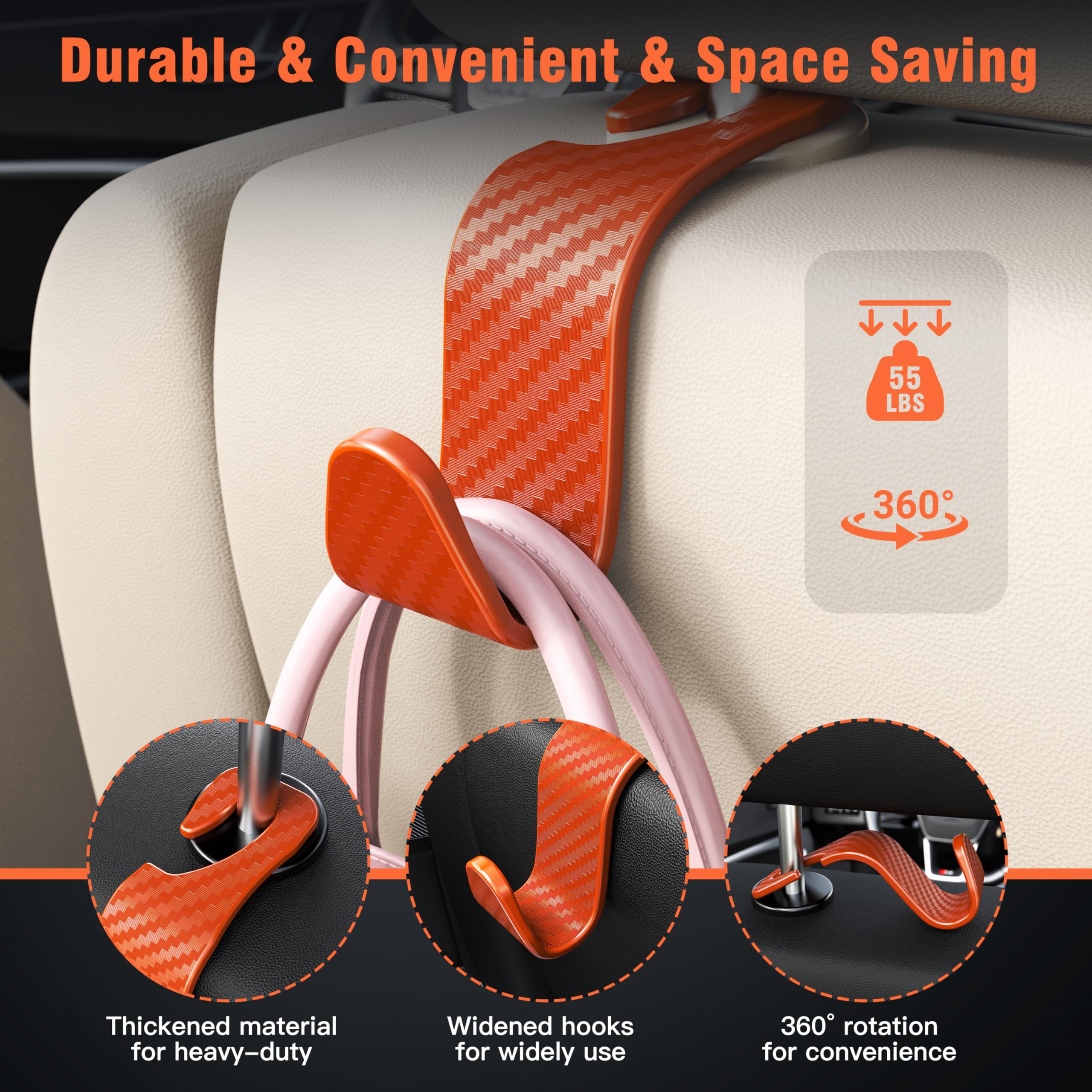 4-Pack Car Headrest Hooks Holds 55lbs Seat Storage Organizer for Bags view 3