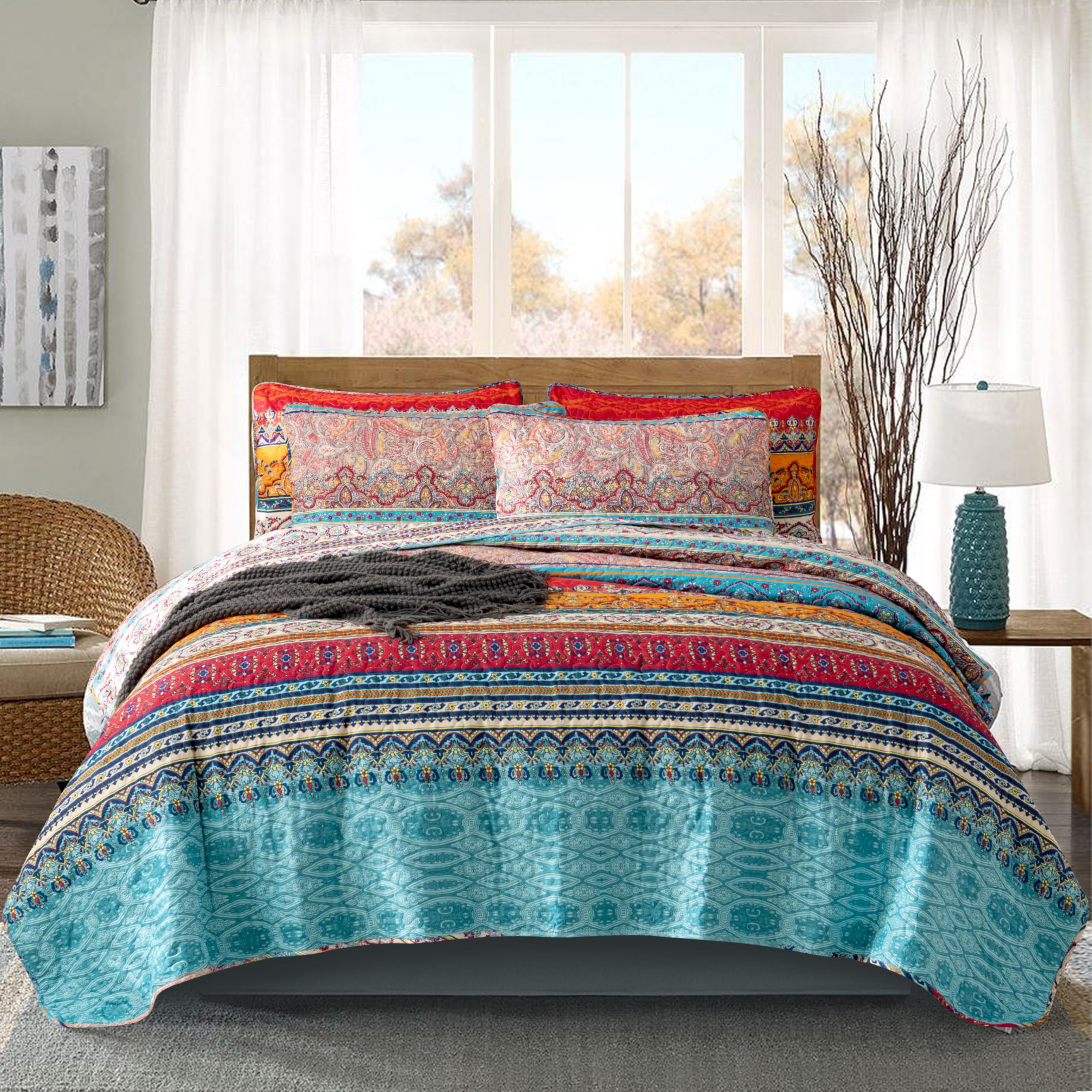Set di biancheria da letto bohémien, per letto matrimoniale, 3 pezzi, in morbida microfibra, leggero, colorato, con copriletto a righe, esotico, giallo, arancione, bohémien, set di biancheria