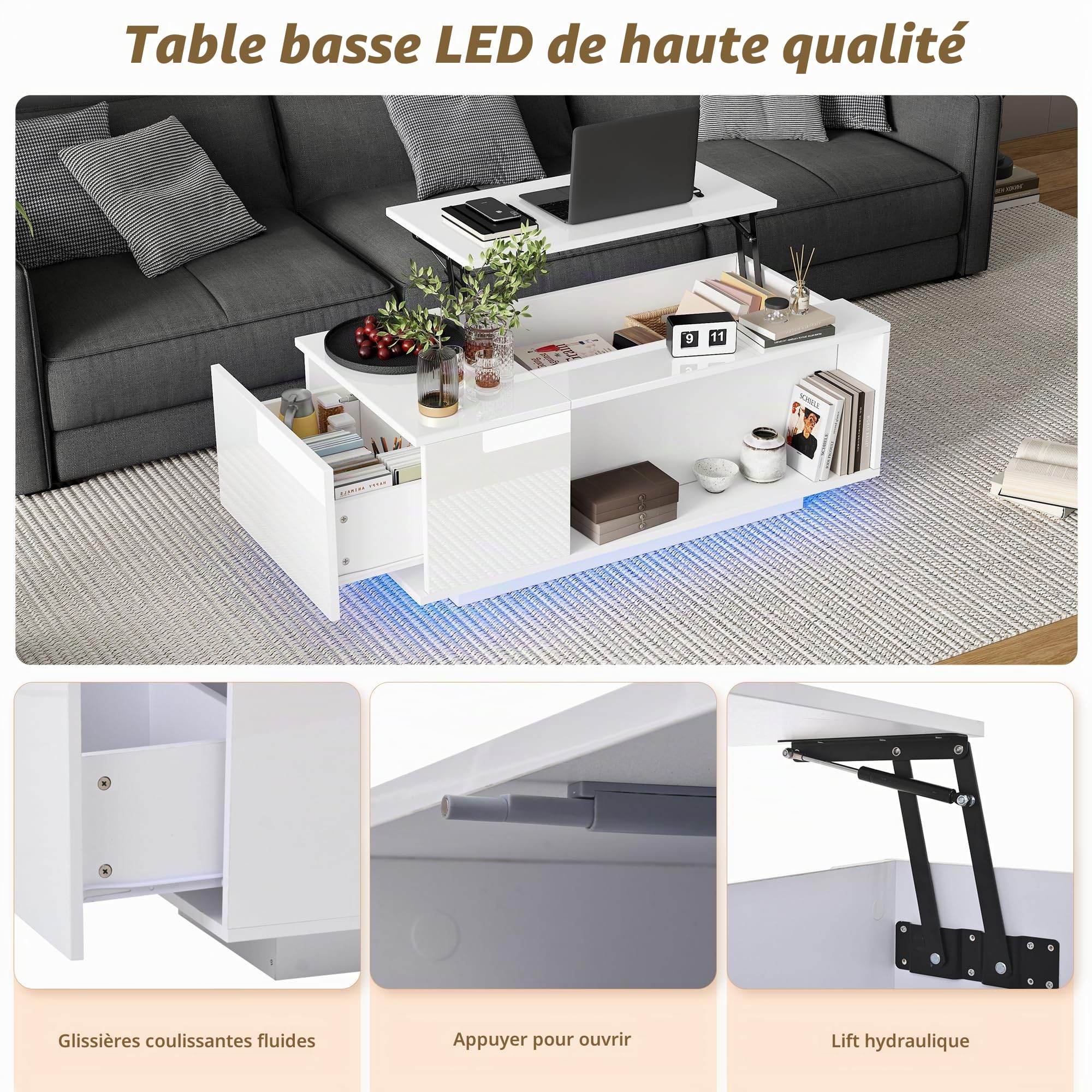 Merax Table basse avec plateau réglable en hauteur, moderne et brillante, avec LED, table basse, avec tiroirs, espace de rangement caché et ouvert, table centrale rectangulaire, blanche