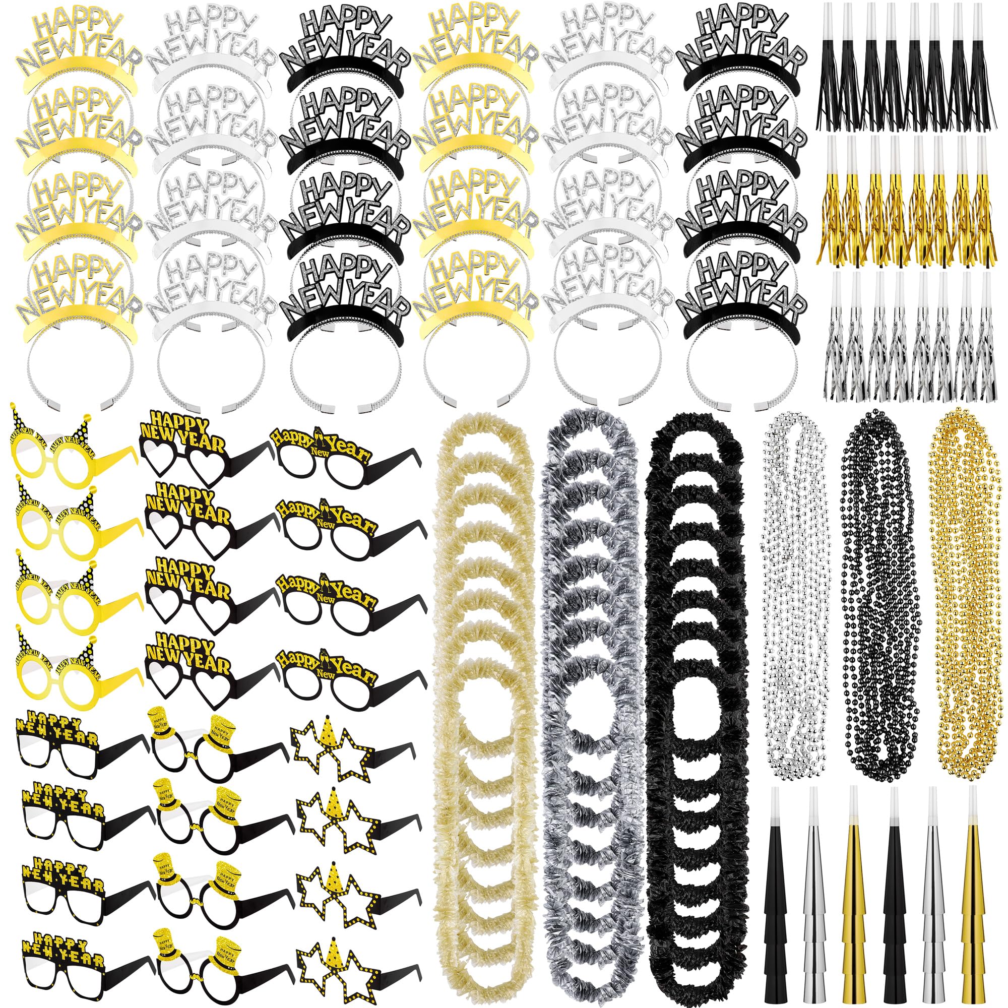 Fovths 144 Pieces 2025 New Years Eve Party Supplies Includes New Year Glasses Headband Noisemakers Horns Bead Necklaces and Plastic Leis 2025 New Year Decorations Gifts New Year Party Favors