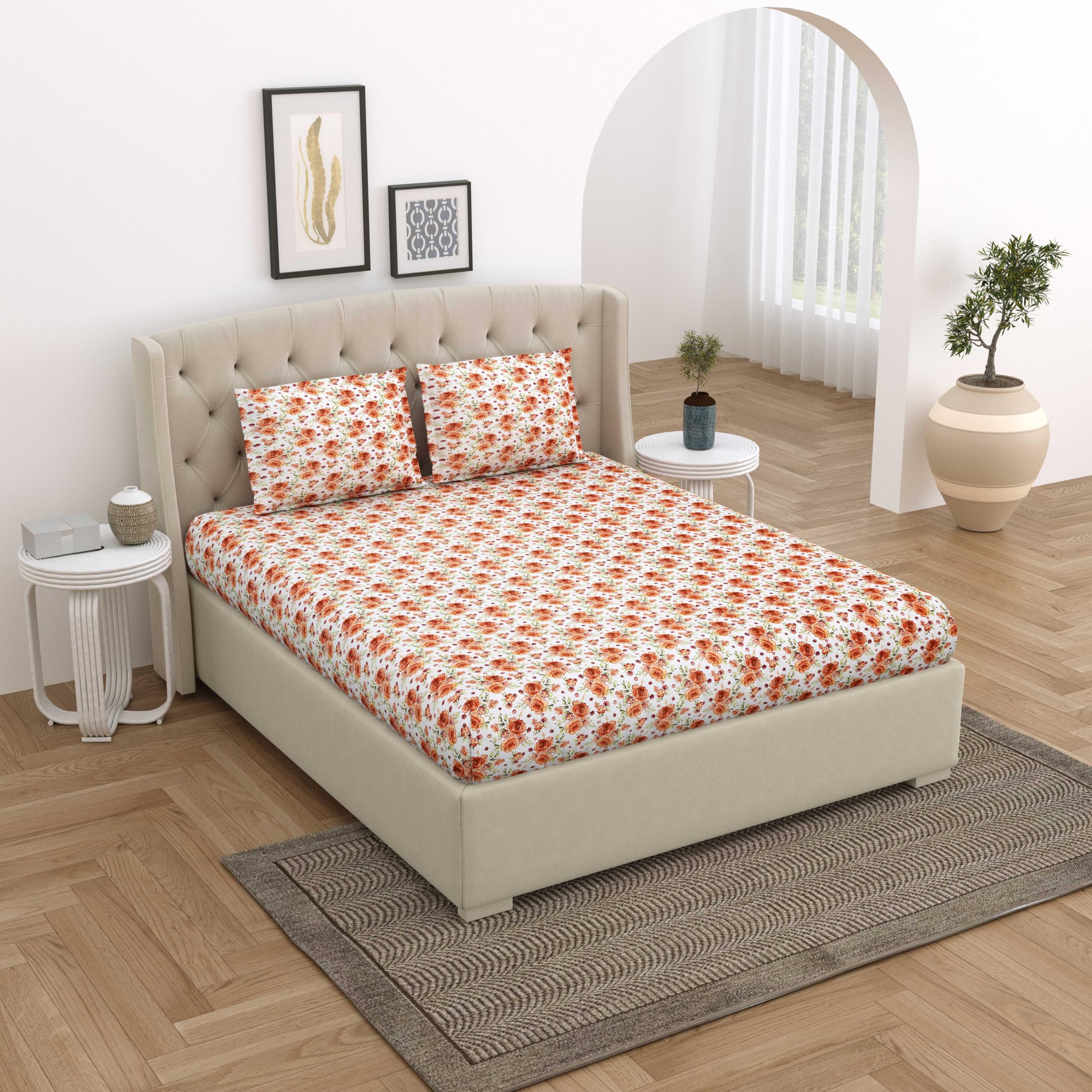 HOME BLENDZ Cotton Double Fitted Bed Sheet with 2 Flange Pillow Cover 18x28 Inches | 100% Cotton Botanical Printed Bedsheet (Size: Double 60 X 78 X 14 Inches)