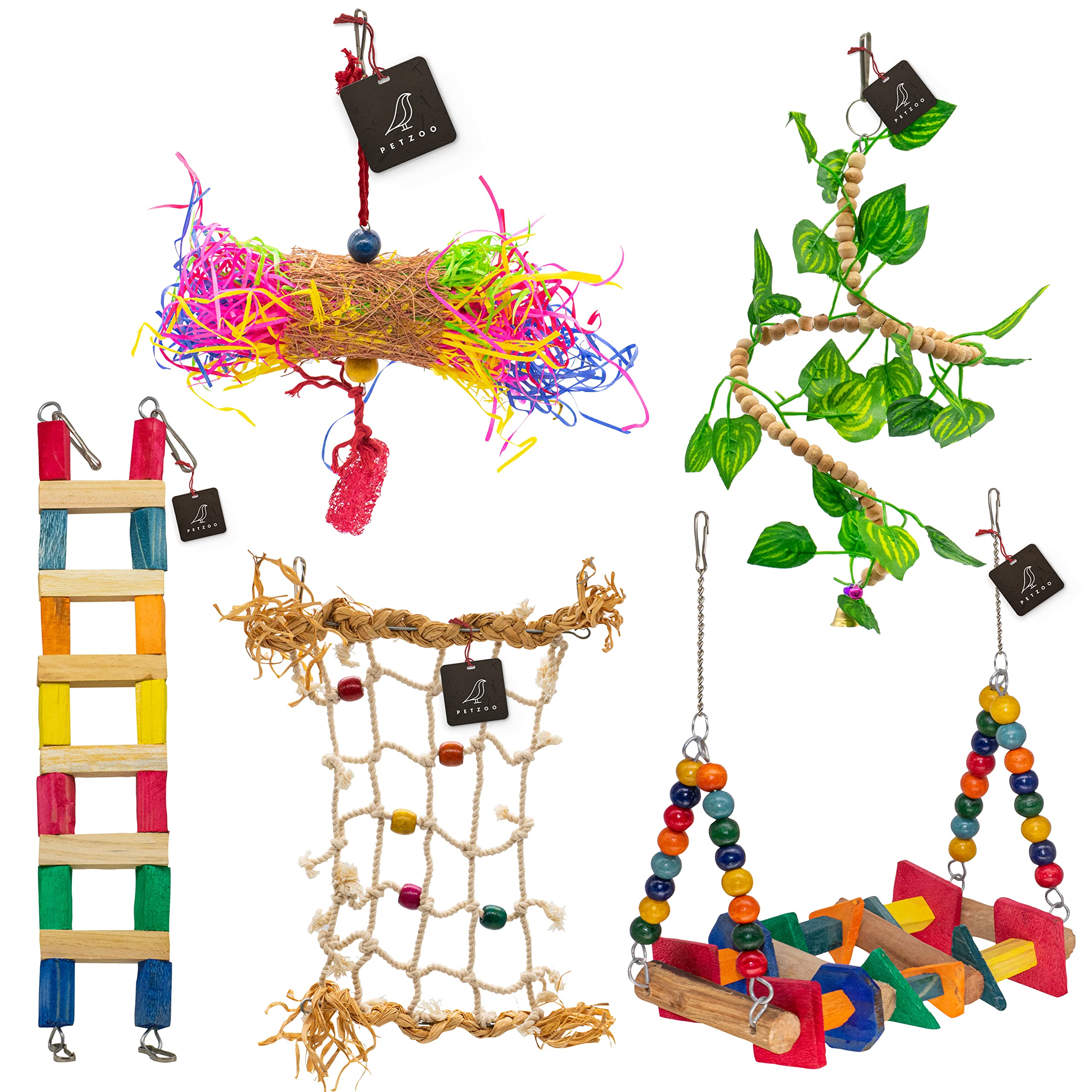 PETZOO Bundle of 5 Wooden Bird Toys Swing, Ladder, Bird Climbing Net, Vine Hanging & Paper Foraging Shradded Toy Resting Toy Chew Toy for Your Birds, Parrots, Finches, African Gray, Conure Activity (B0BTZ3TM3H) Amazon Price History, Amazon Price Tracker