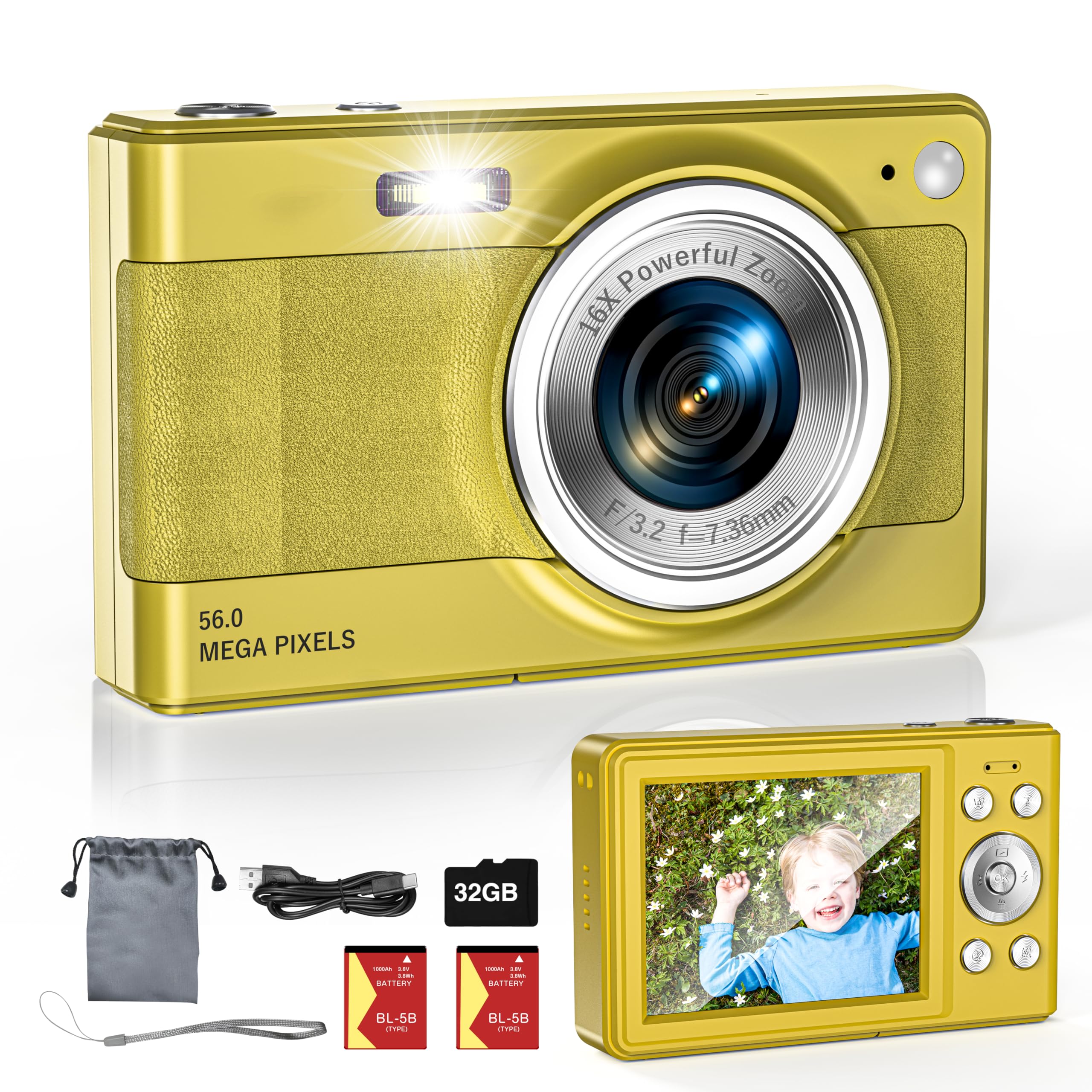 Upgrade Digital Camera, 56MP FHD 1080P Camera for Kids with 16x Zoom Anti Shake, Kid Camera with 32GB TF Card, Two Batteries, Lanyard, Compact Small