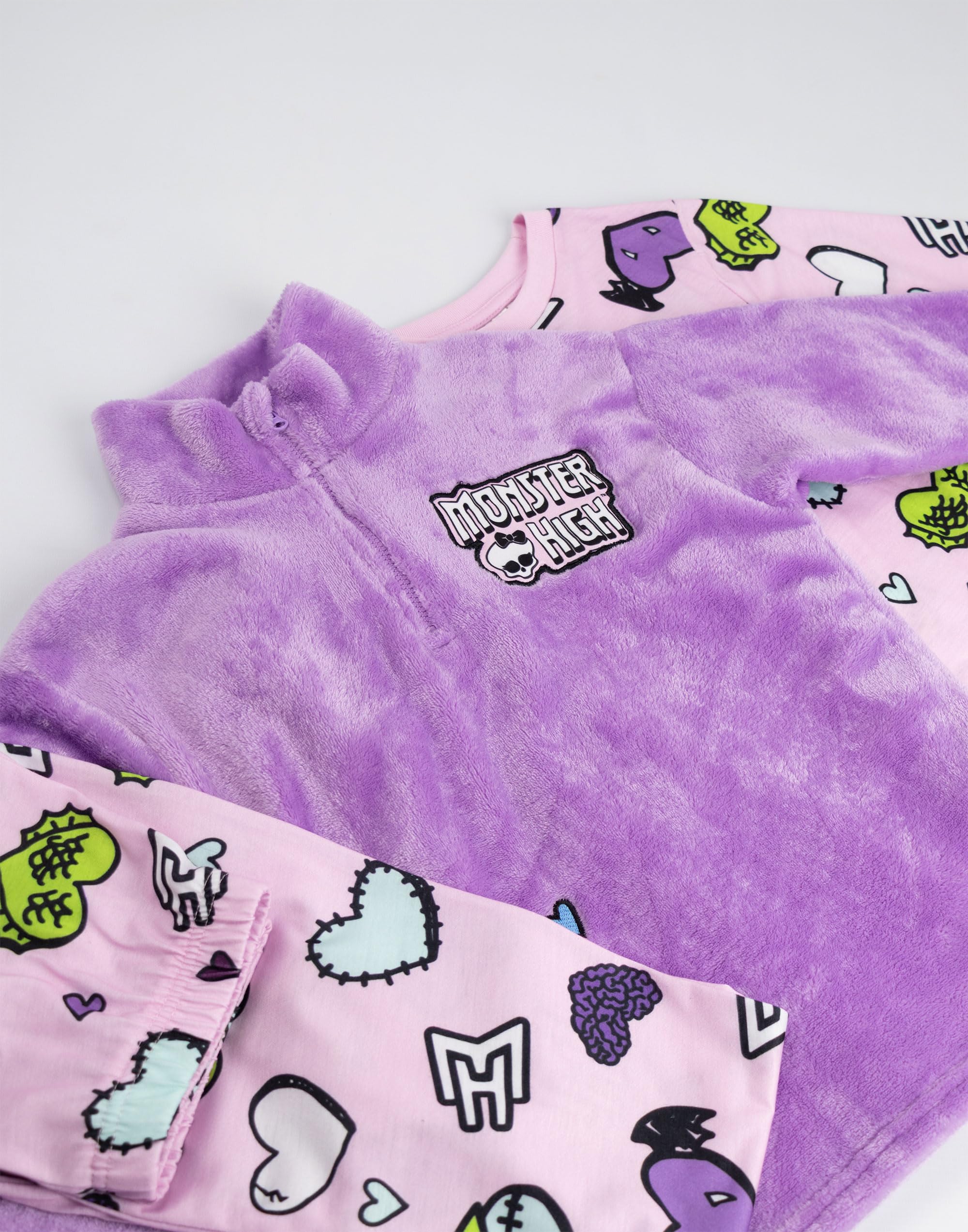 Monster High Dziewczęcy, różowo-fioletowy, piżama z długim rękawem i nogawkami, 3-częściowy komplet | Miękka, wygodna, polarowa piżama z golfem i zapięciem na zamek