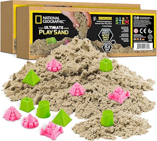 NATIONAL GEOGRAPHIC Play Sand - Kit de arena a granel de 24 libras con 12 moldes de castillo (natural), una actividad sensorial divertida