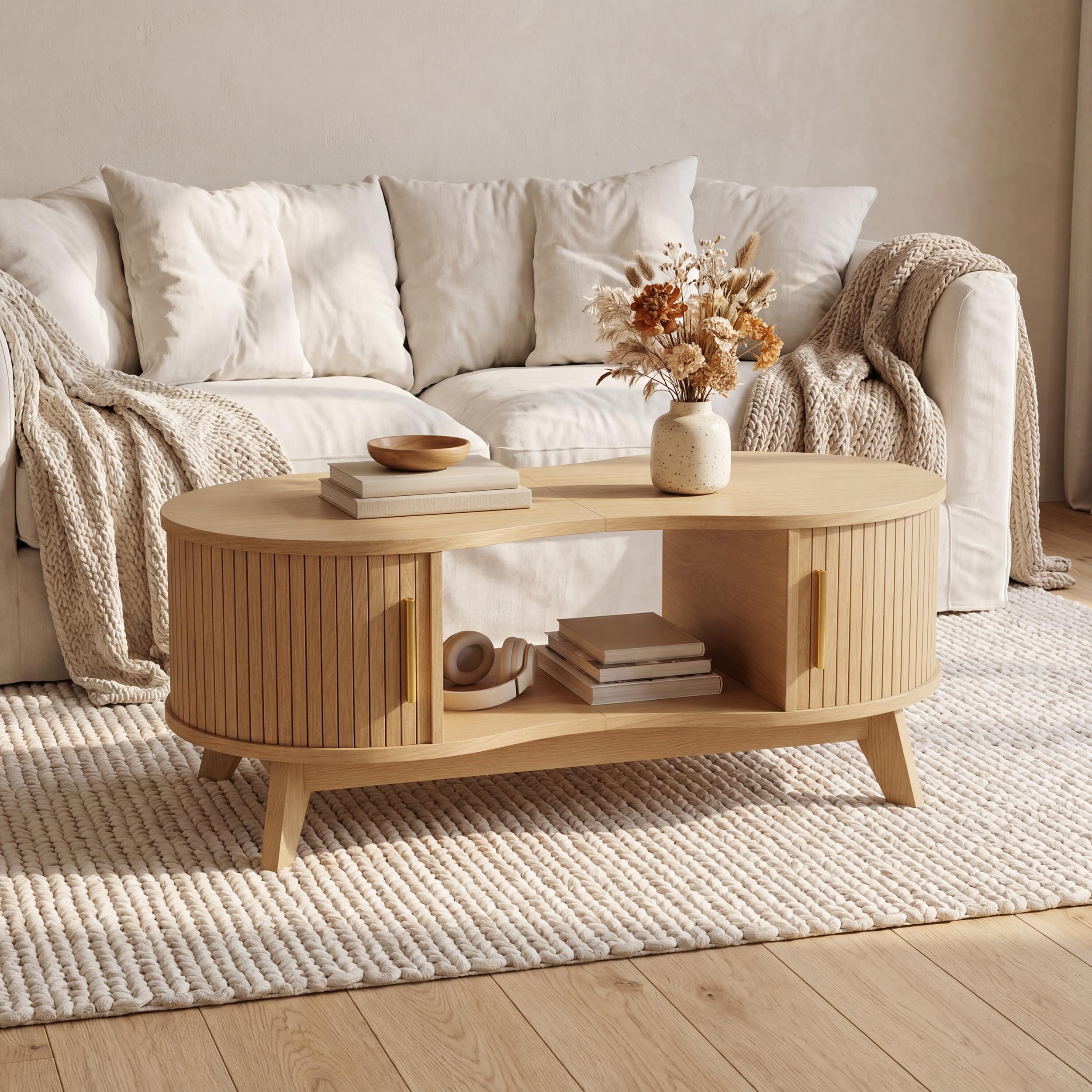 Coffee Table, Dual Oval Coffee Table with with Storage Cabinet and Sliding Tambour Door, 2-Tier Open Storage Shelf, Mid Century Modern Coffee Tables for Living Room, Natural