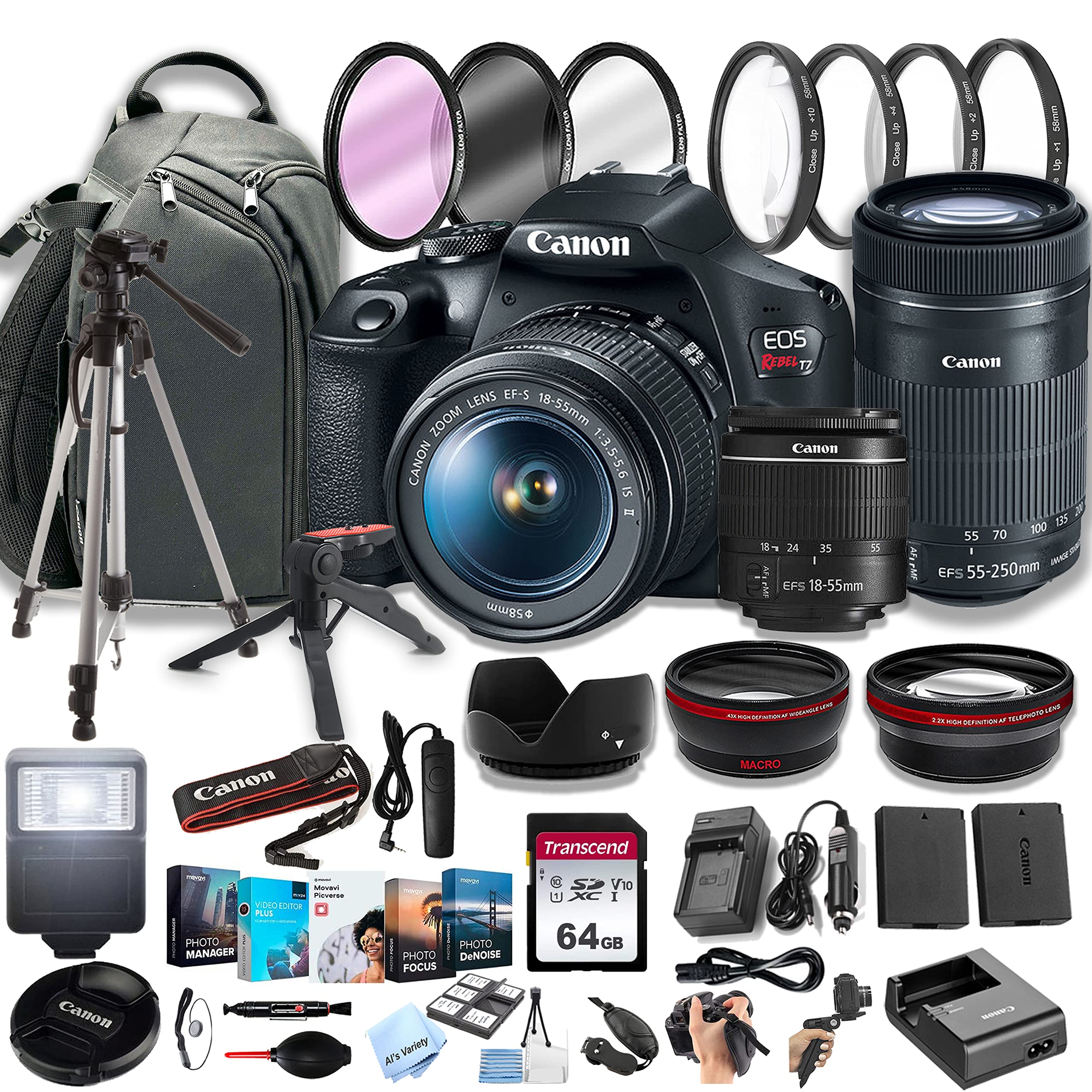 Canon EOS Rebel T7 DSLR Camera w/EF-S 18-55mm F/3.5-5.6 Zoom Lens + 55-250mm f/4-5.6 is STM Lens + 64GB Memory Cards, Professional Photo Bundle (42pc Bundle)
