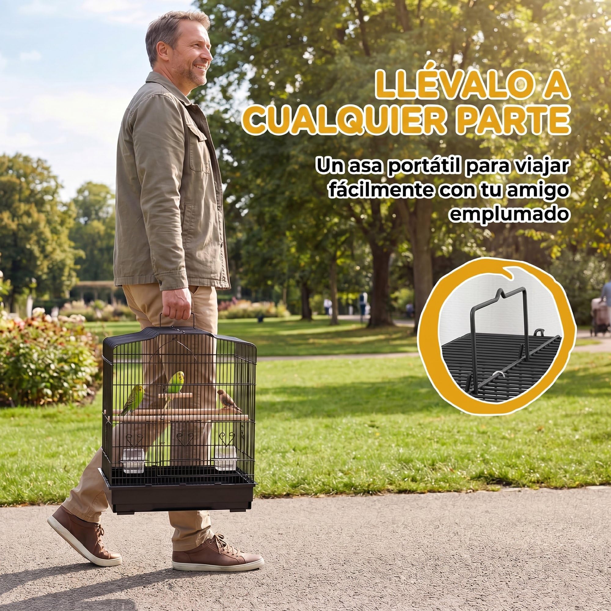 PawHut Jaula para Pájaros, Jaula de Acero para Pájaros con Puertas, 2 Comederos, 2 Perchas, Columpio, Bandeja Extraíble y Asa de Transporte, para Loro, Canario, Periquito, 46,5x36x59 cm, Negro