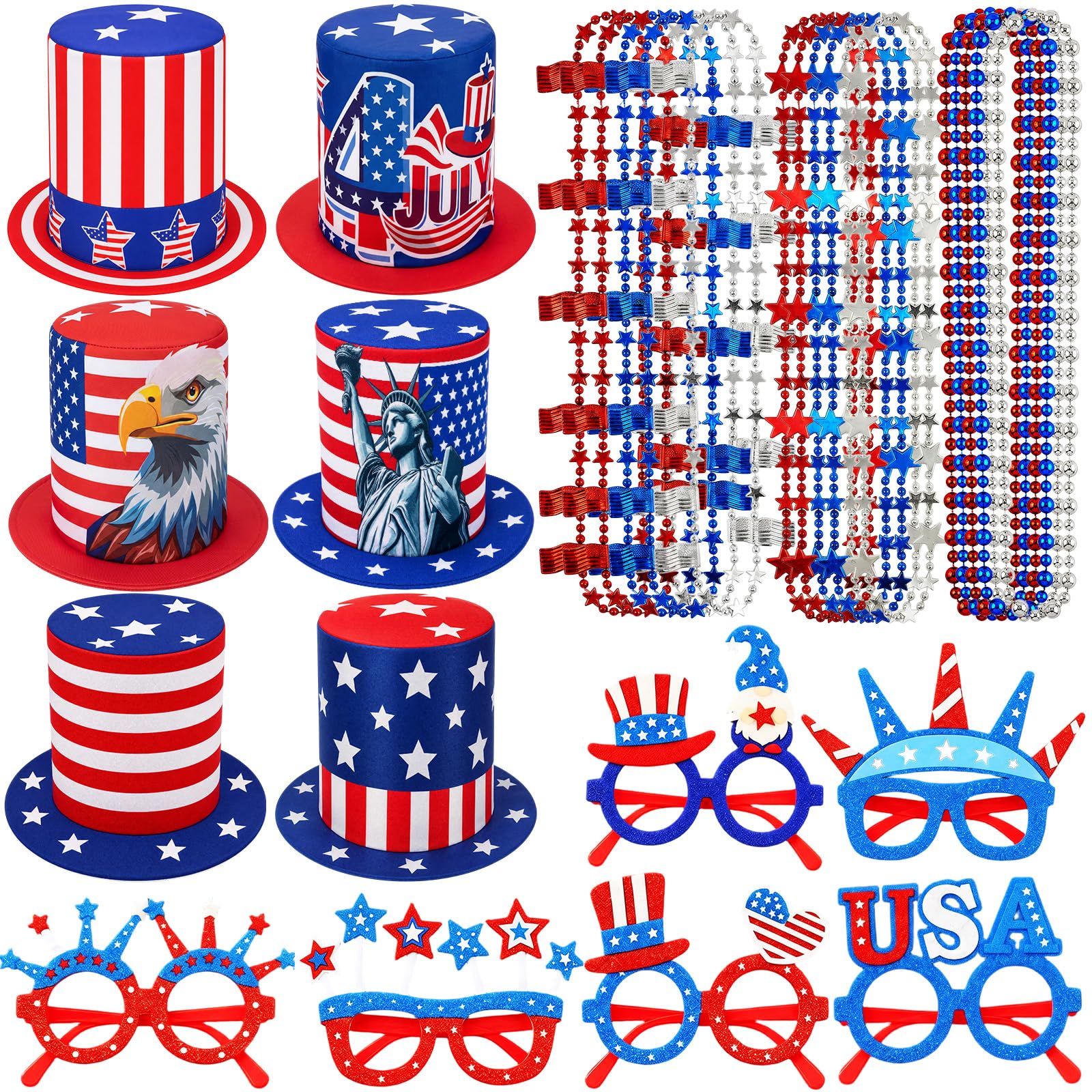 Photo 1 of Whimsibelle 30pcs/6 Sets 4th of July Party Accessories Kit 6 Fourth of July Hats 6 American Flag Glasses 18 Patriotic Necklaces Adult Size for Independence Day Decor Memorial Day Parade Photo Booth