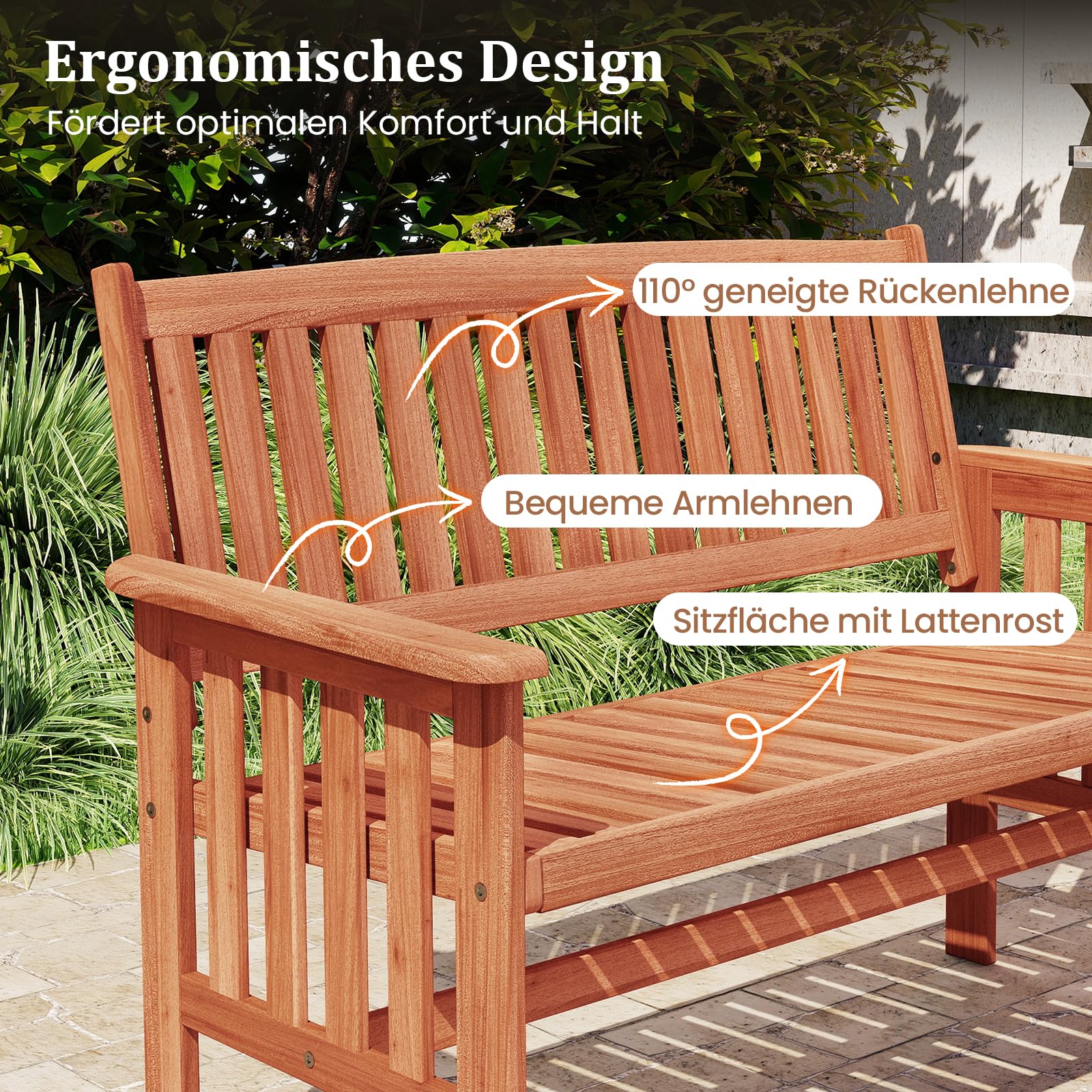 COSTWAY Gartenbank Holz, Holzbank wetterfest, 2-Sitzer Sitzbank, Balkonbank mit Armlehnen, Terrassenbank, Parkbank für Garten, Balkon, Terrasse, 119 x 59,5 x 89 cm