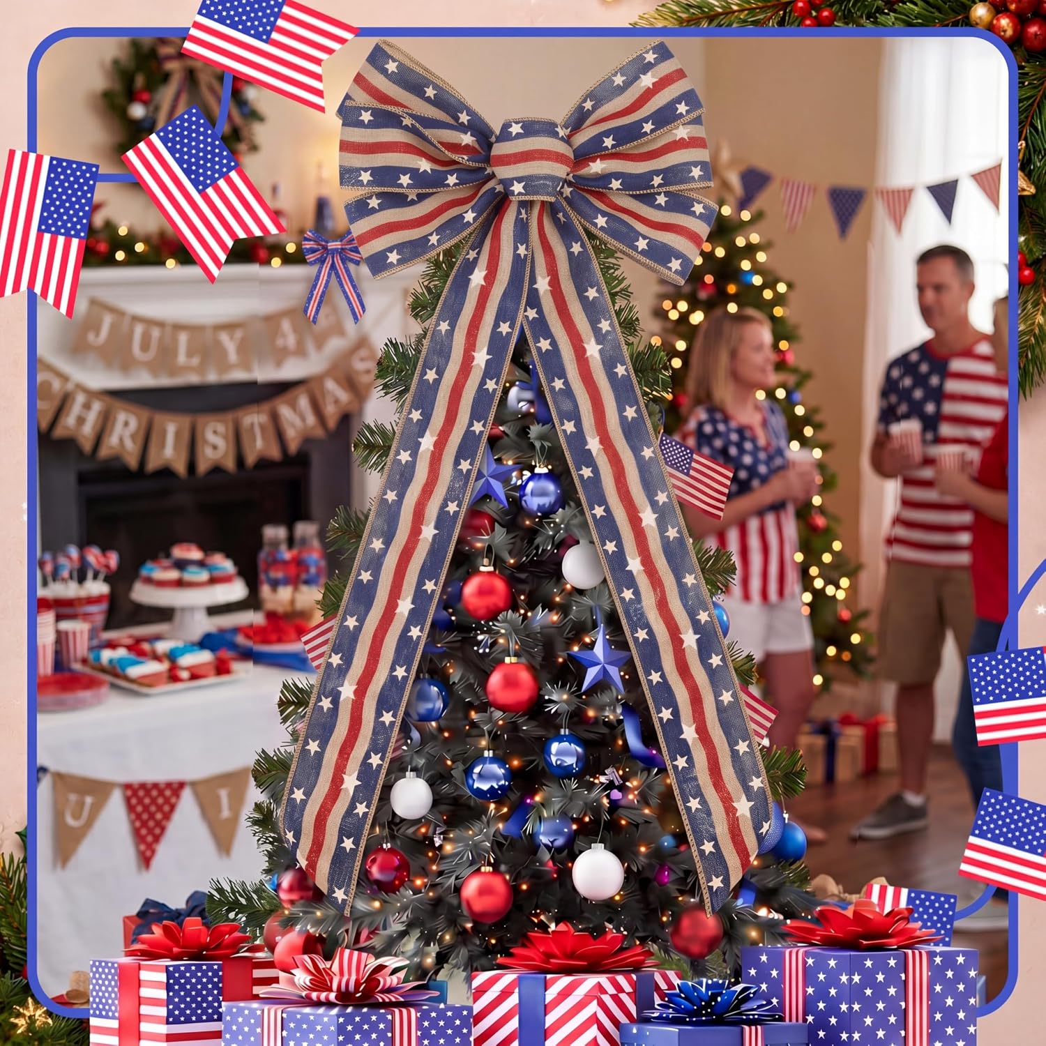 Gejoy 47" x 16" Vintage 4th of July Patriotic Bow Tree Topper Independence Day 250th Anniversary Red White and Blue Stripe Stars Tree Topper Bows for Veteran's Day Front Door Indoor Outdoor Decor