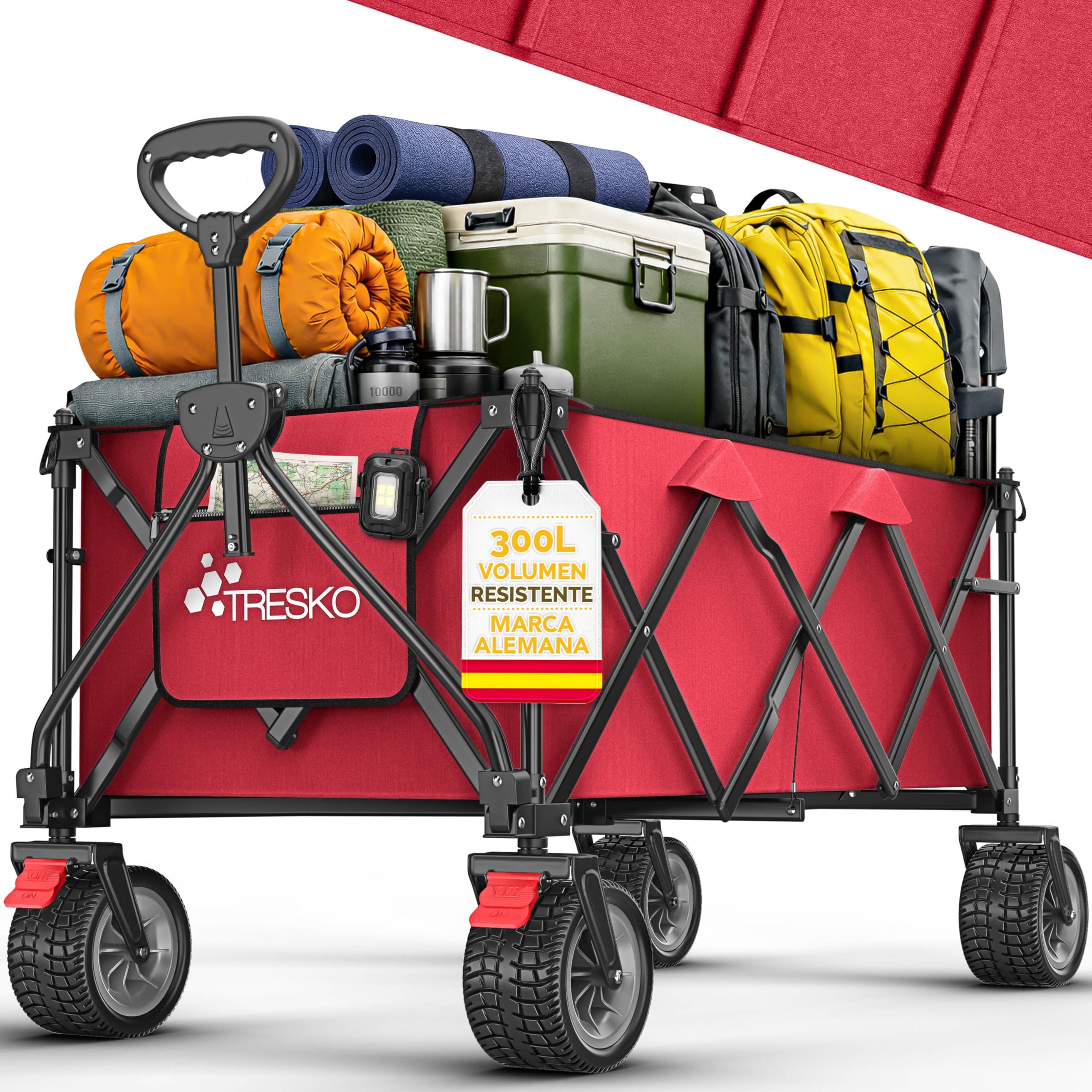 TRESKO® Carro plegable de 300 l con freno, carro de mano plegable, 150 kg, incluye neumáticos de goma maciza, carrito de playa plegable, ruedas extra anchas, con bolsa de transporte, color rojo