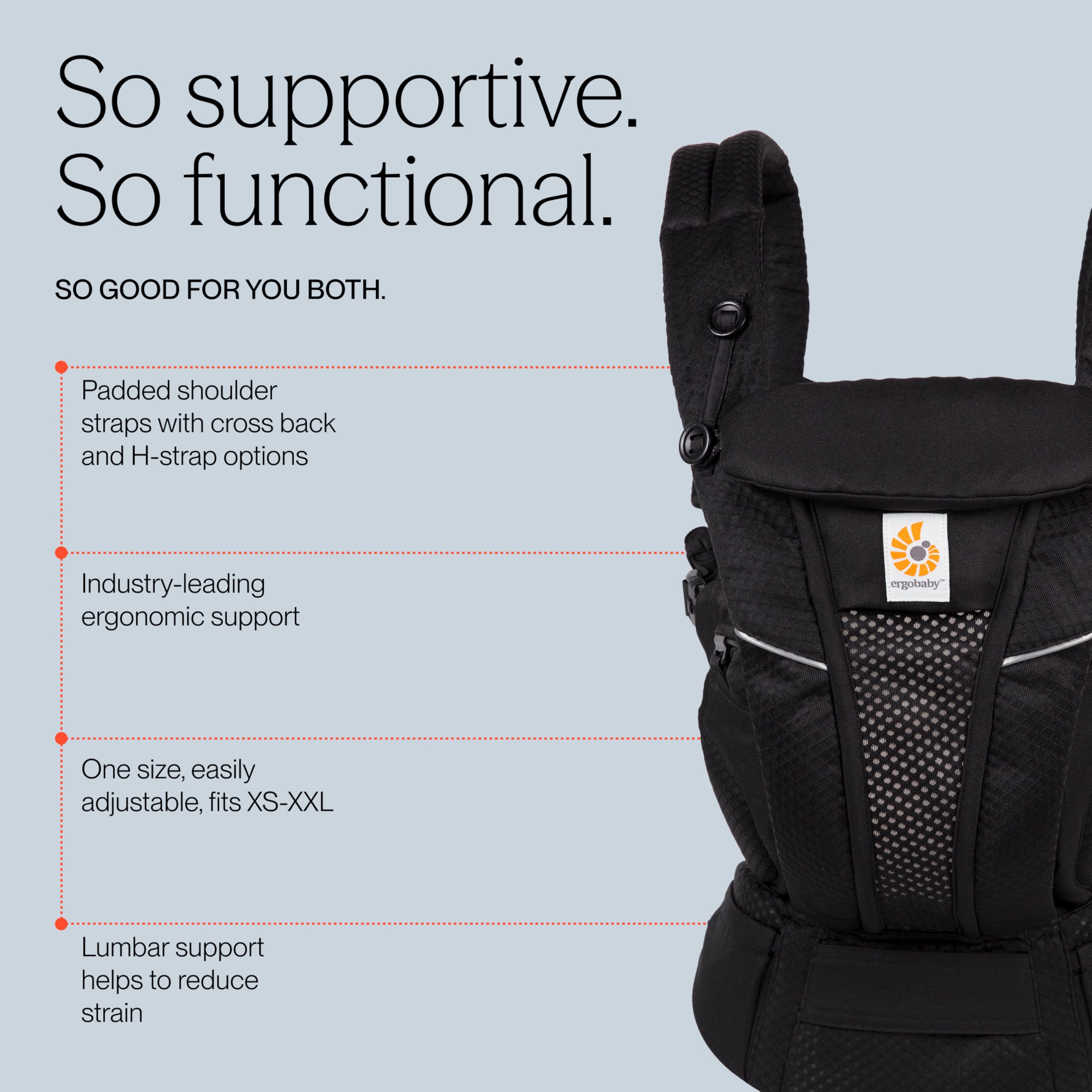 Ergobaby Omni Breeze Babytrage für Neugeborene ab Geburt bis 20kg, 4 Positionen SoftFlex Mesh Ergonomische Babybauchtrage Rückentrage Baby-Tragetasche, Onyx Black