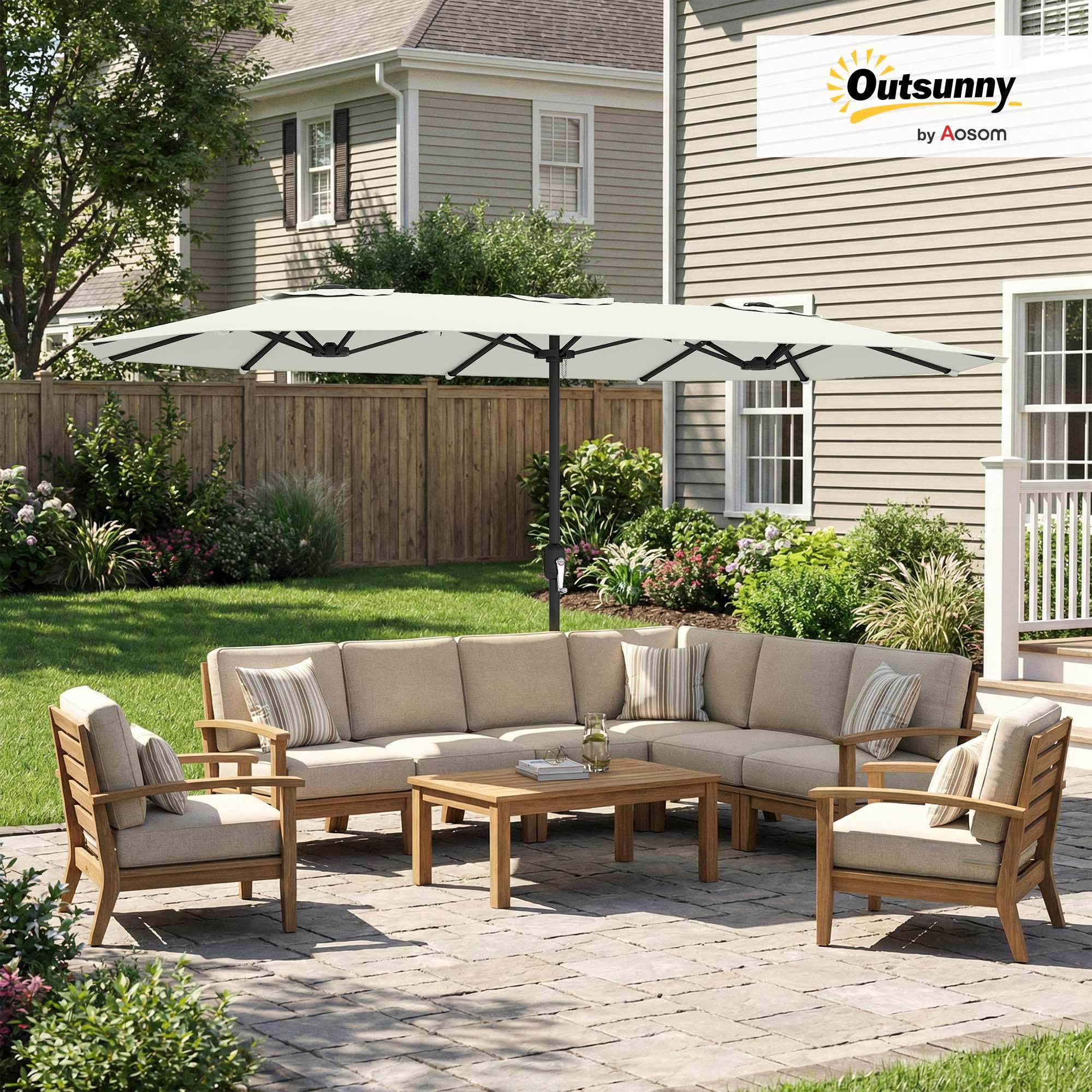 Outsunny Sombrilla Doble 4,6x2,6 m con Manivela Manual UV50+ Blanco | Sombrilla Terraza Exterior, Funda Protectora, Resistente al Agua, Parasol para Jardín, Terraza, Patio