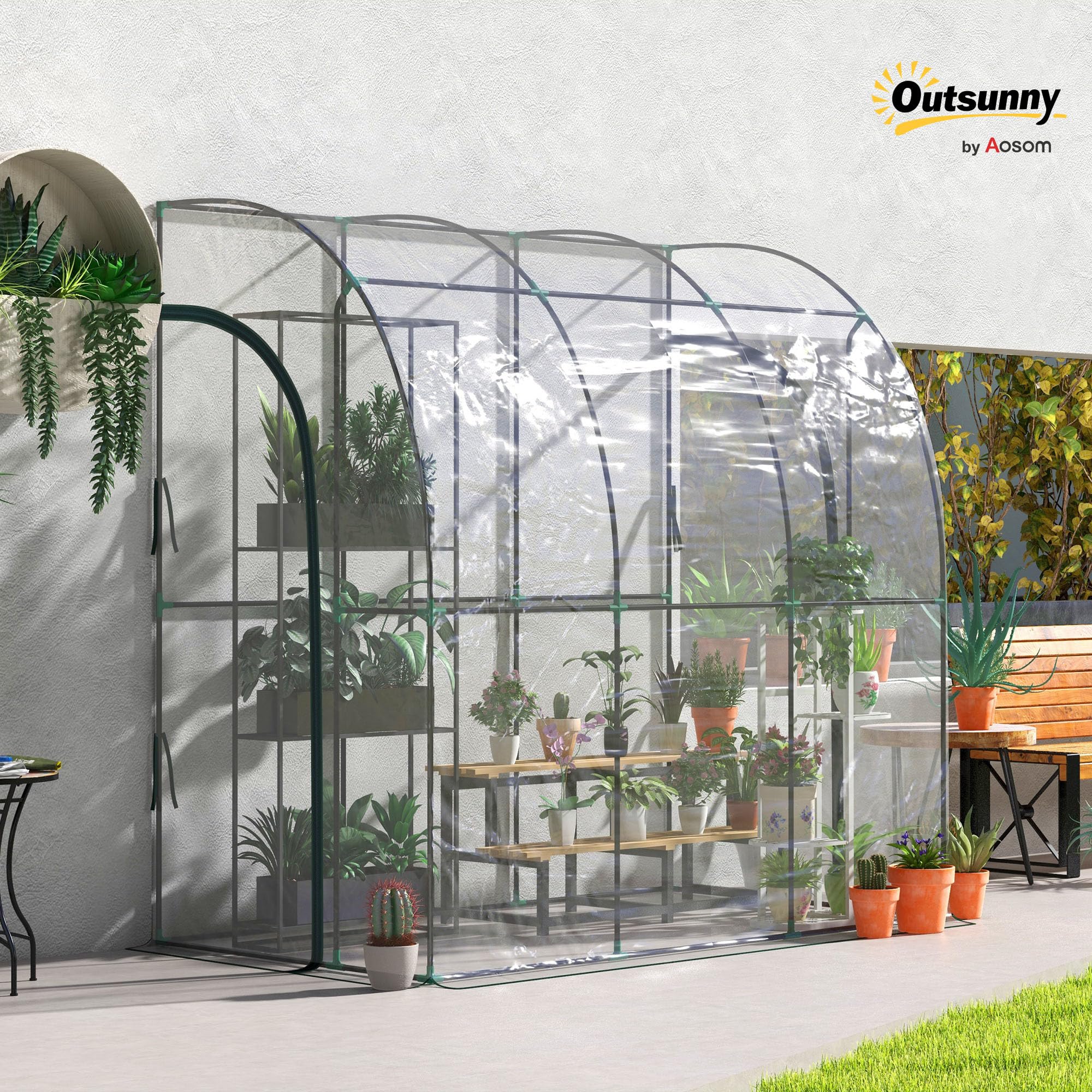 Outsunny Serre de Jardin adossée, Serre de Balcon, bâche renforcée PVC, châssis en Acier, 2 Portes zippées enroulables, pour légumes Plantes Fleurs, intérieur et extérieur, 214x118x212cm, Transparent