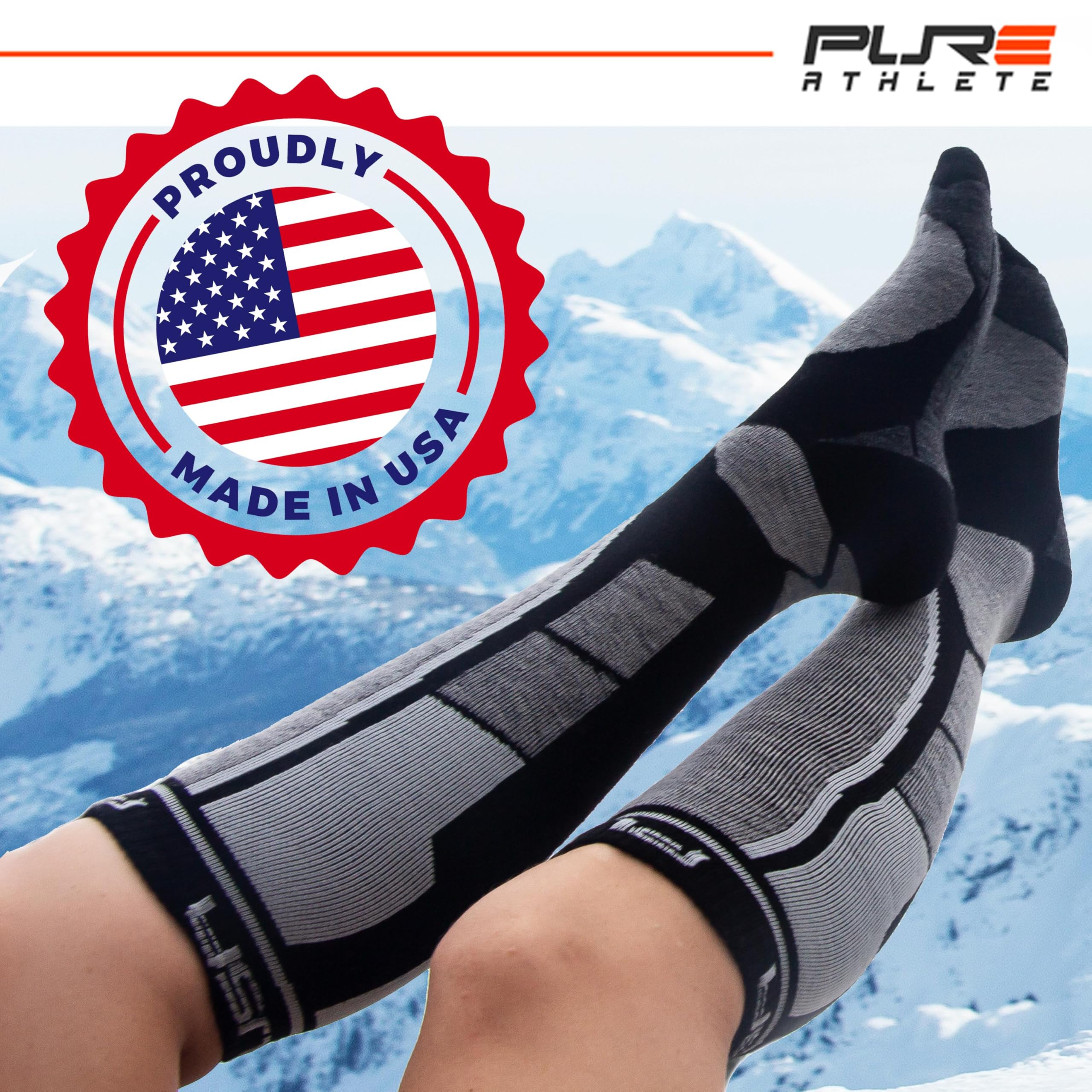 Pure Athlete Alpaca Wool Ski Socks - Made in USA, Winter Weather Lightweight Skiing and Hunting Socks for Men and Women