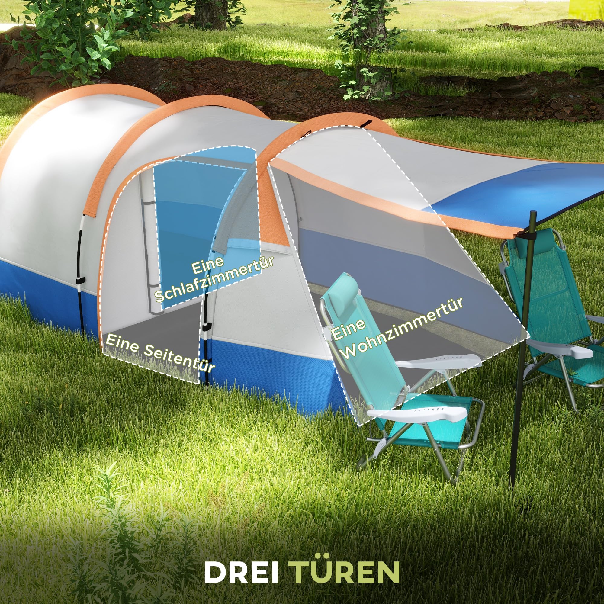 Outsunny Campingzelt, Tunnelzelt für 2 Personen, mit Lichthaken, Vorzelt, 2 Räumen, groß Familienzelt mit Tragetasche, 2000mm Wasserabweisend Pop Up Zelt für Camping, Garten