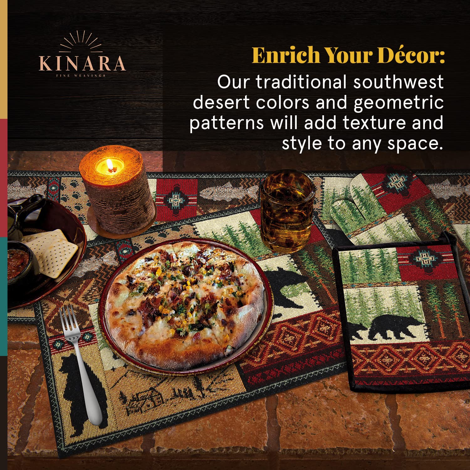 Kinara Lodge Platzdeckchen 4er-Set – Cabin quadratische Tischsets mit Schwarzbär, Elch, Hirsch, Jagd, Wildnis rot