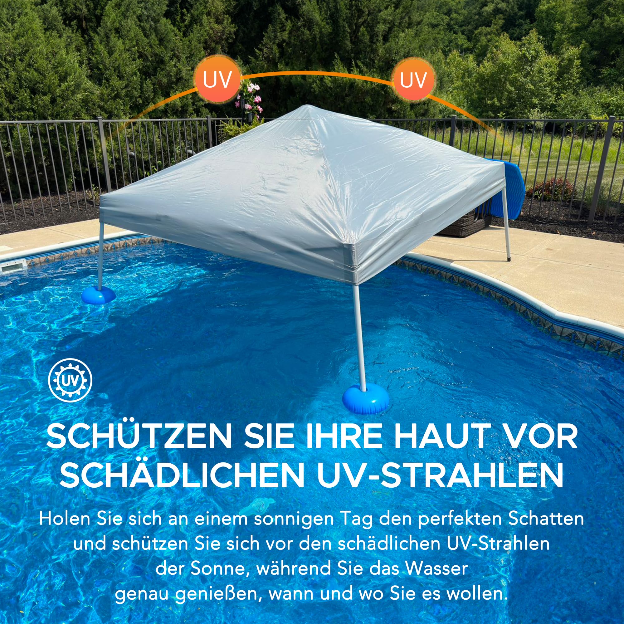 SUNJOY 3 x 3 m Pop Up Pool Pavillon mit UPF 50+ Sonnendach, Stahlrahmen, höhenverstellbar, schwimmender Outdoor Pavillon mit PVC Schwimmkörpern, Handpumpe und Tragetasche