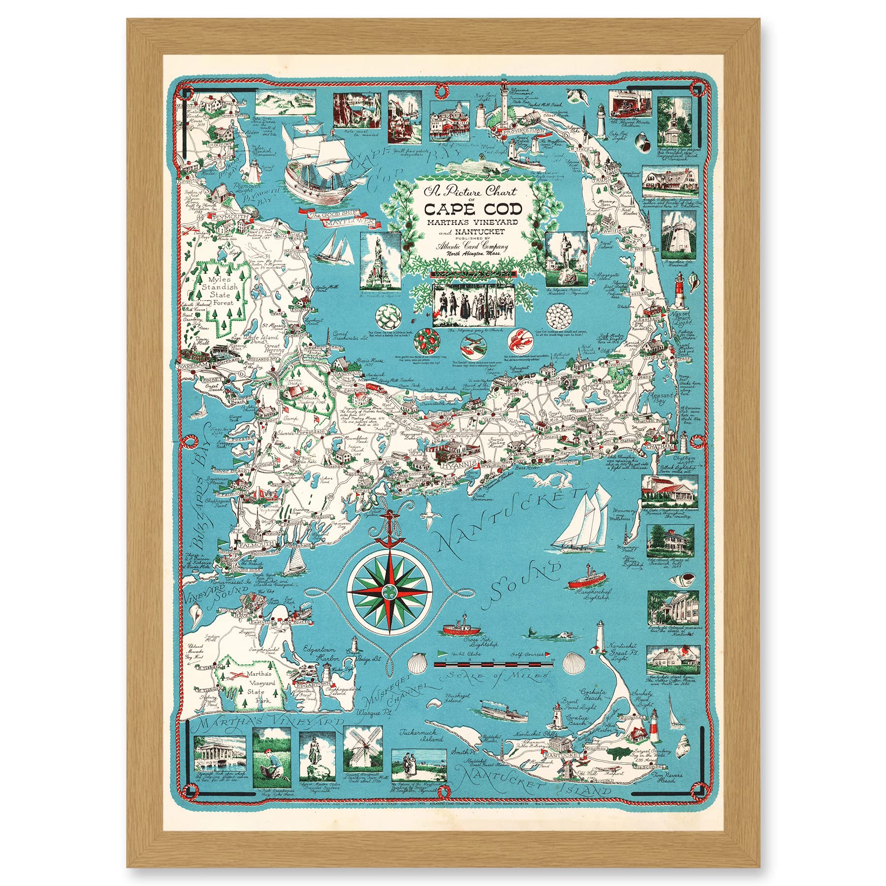Map Chase 1949 Cape Cod Nantucket Massachusetts Pictorial A4 Framed Art Print