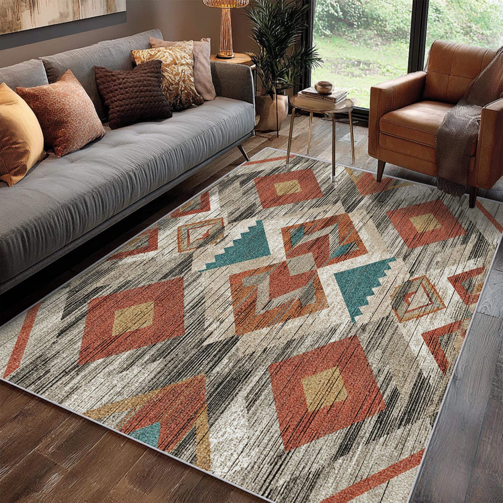 Tapis de chambre géométrique antidérapant avec finitions soignées en poils courts