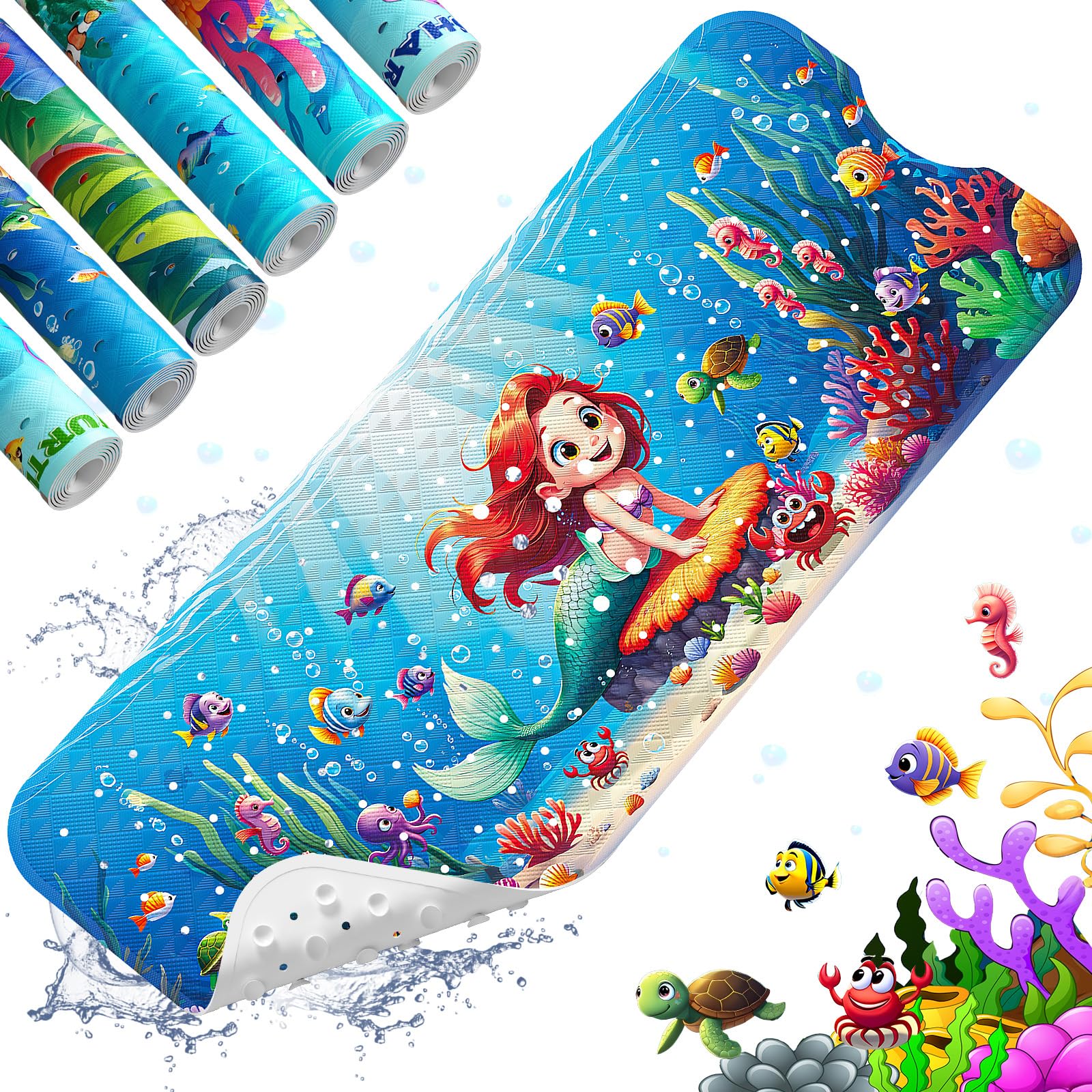 XIYUNTE Baby Bath Mats Non Slip Anti Mould, Cartoon Kids Bath Mat Non Slip, 100x40cm Extra Large Baby Shower Mat Bath Mat with Suction Cups & Drain Holes, Machine Washable, Mermaid