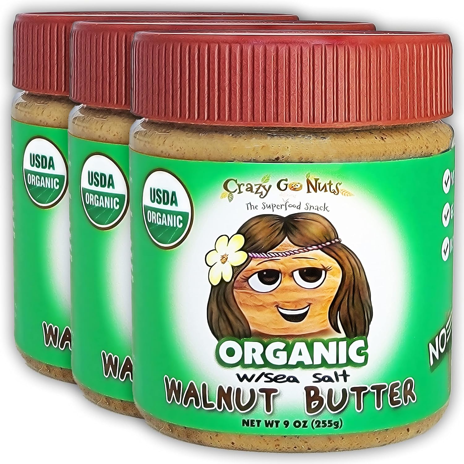 Crazy Go Nuts Organic Walnut Butter with Sea Salt - Walnut Butter Organic, Walnut Spread, Keto, Vegan, Low Carb, Gluten Free, Non-GMO, Walnut Butter Raw Organic, Organic Nut Butter - 9 Oz, 3-Pack