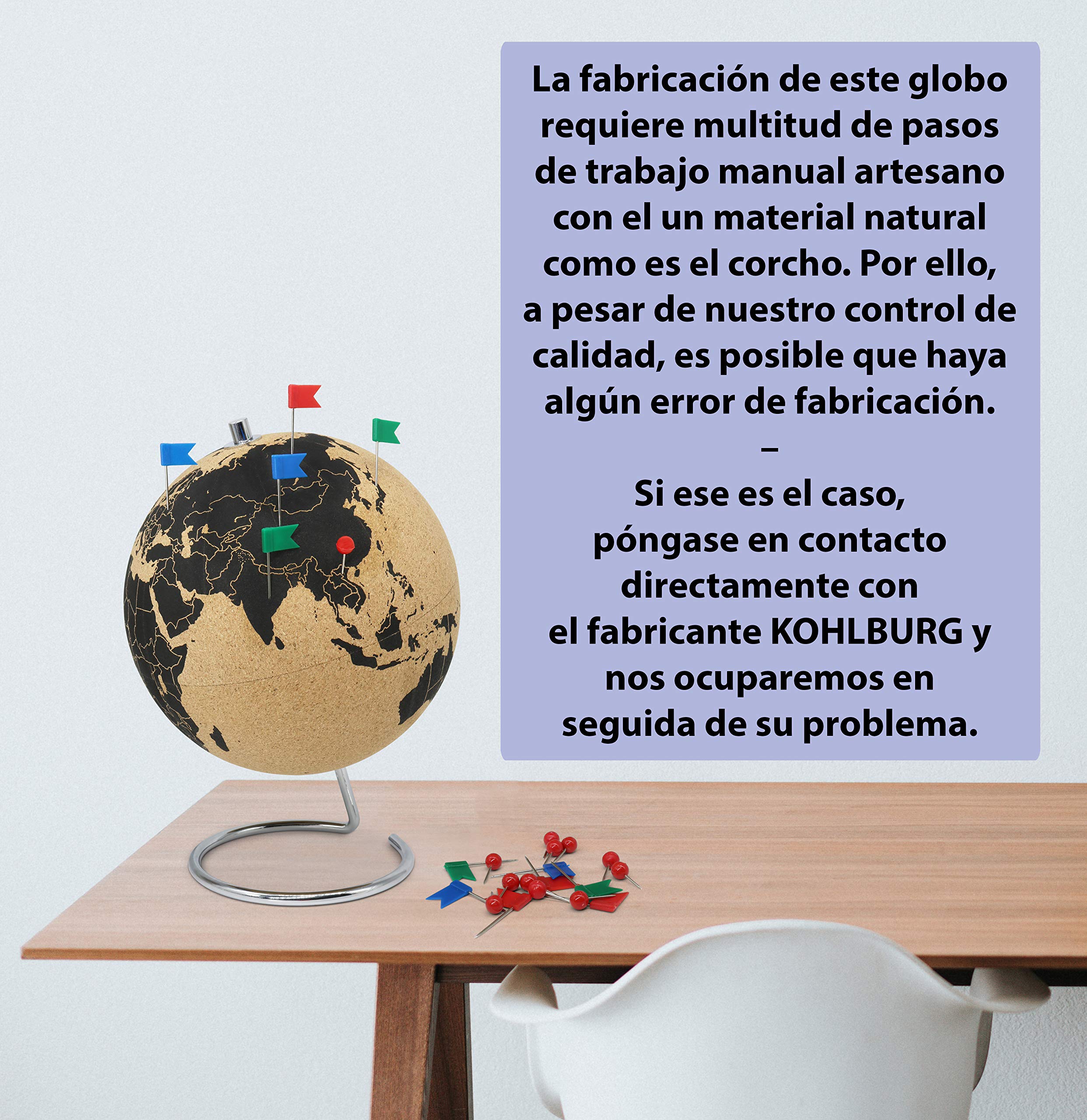 Gran globo terráqueo de corcho de 33 cm de alto con 54 chinchetas diferentes - Globo terráqueo giratorio hecho de corcho - Globo terráqueo como idea de regalo para los amantes de los viajes