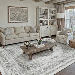 Washable Rug 6x9 Area Rug for Living Room Gray Vintage Boho Medallion Large Grey Distressed Retro Carpet Non Slip Indoor Low Pile Small Soft Bedroom Dining Room Home Office