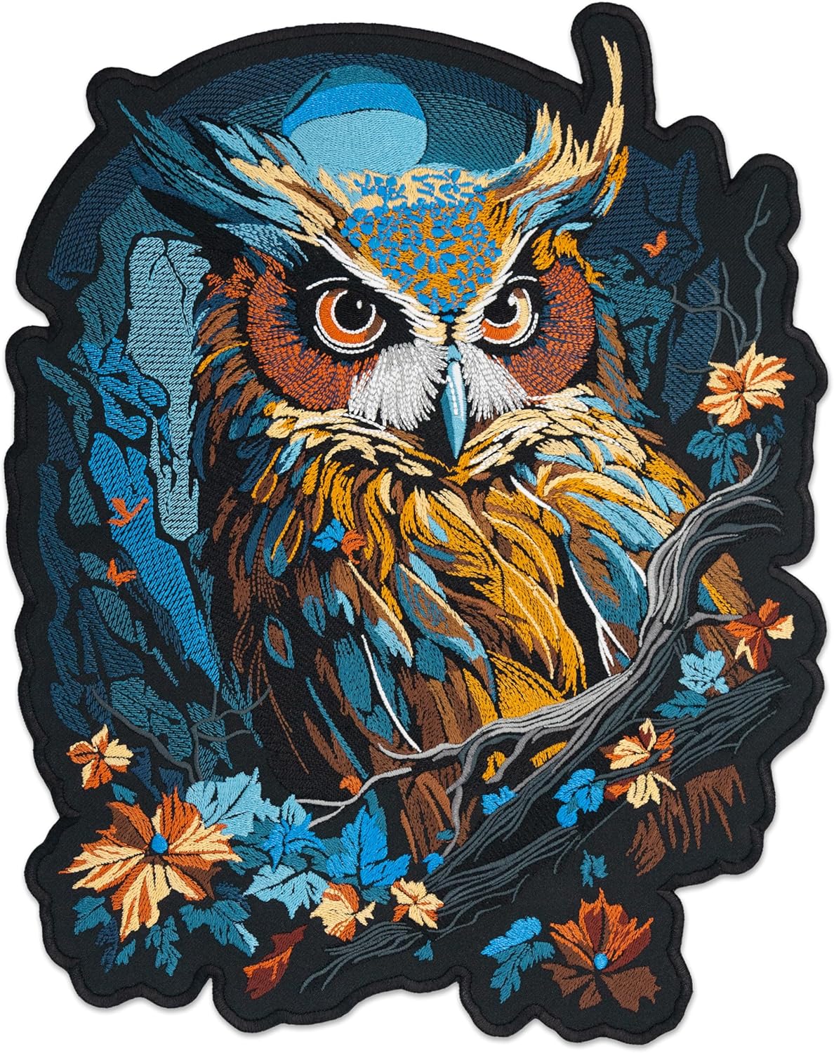 Night Owl Embroidered Patch - Wild Forest Bird with Blue Moon Backdrop, Nature Spirit Outdoor Adventure, Iron-On Back Jacket Accessory, 10 x 12.6 inches