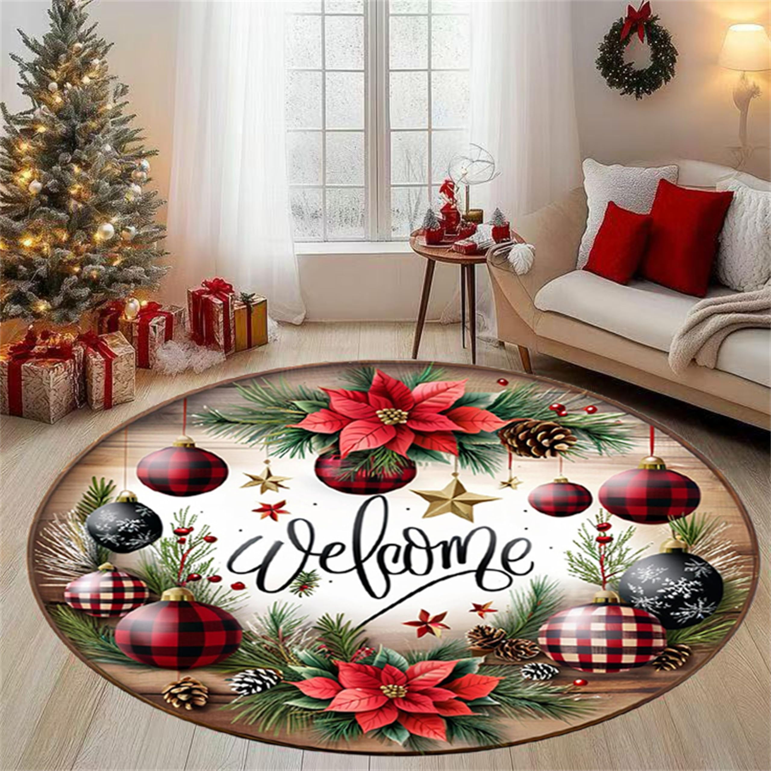 YJDRUG Christmas Round Area Rugs，5ft,Vintage Christmas Berry Stars Round Rug，Christmas Winter Home Decor Washable Area Rugs for Bedroom Living Room