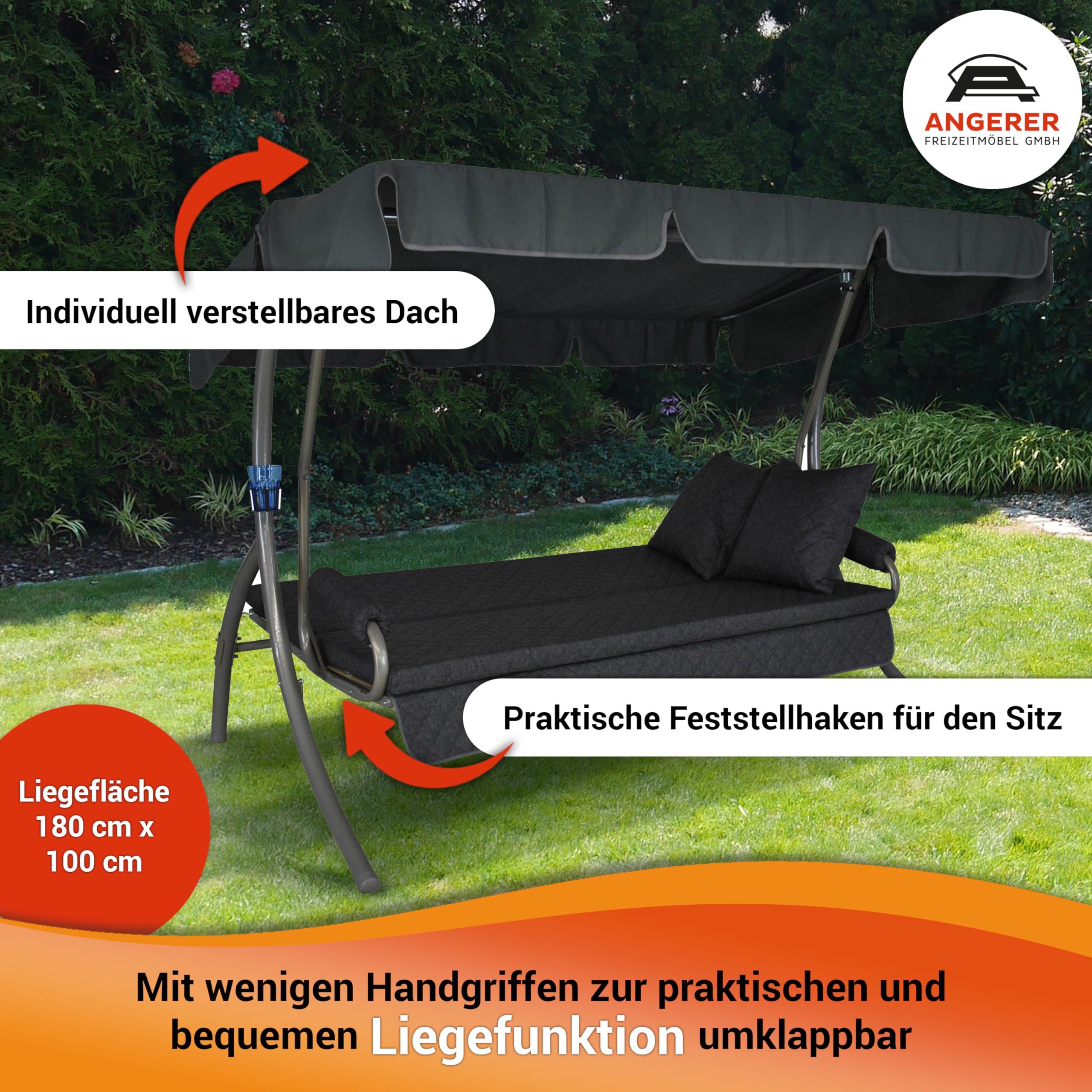 ANGERER Hollywoodschaukel Trend Joy hellgrau | Gartenschaukel Made in Germany, Schaukel zum Sitzen, Liegen und Entspannen, inklusive Bett-Funktion, einfache Montage