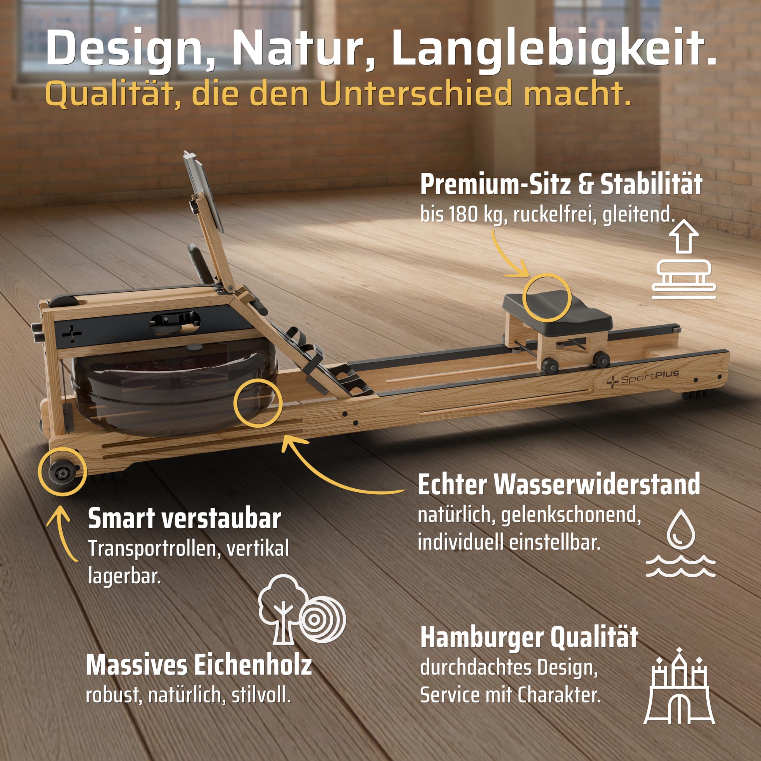 SportPlus Rudergerät für Zuhause Wasser - Wasserrudergerät Designed in Germany - Rudergerät Wasser klappbar Robustes Eichenholz - Premium Rudermaschine Holz bis 180 kg & 200 cm