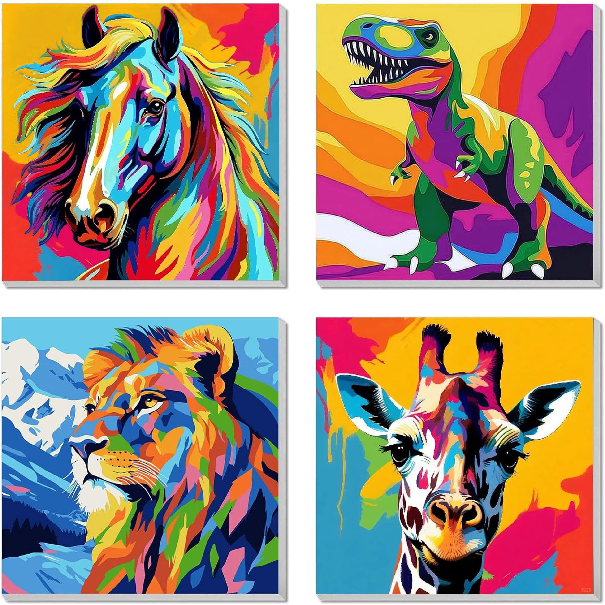 Yunruily 4 Pack Paint by Numbers for Children with Framed - Lion Painting by Numbers Kits for Kids 6-12,Giraffe Kids Paint by Numbers for Birthday Christmas Gifts Home Wall Decor 8X8inch