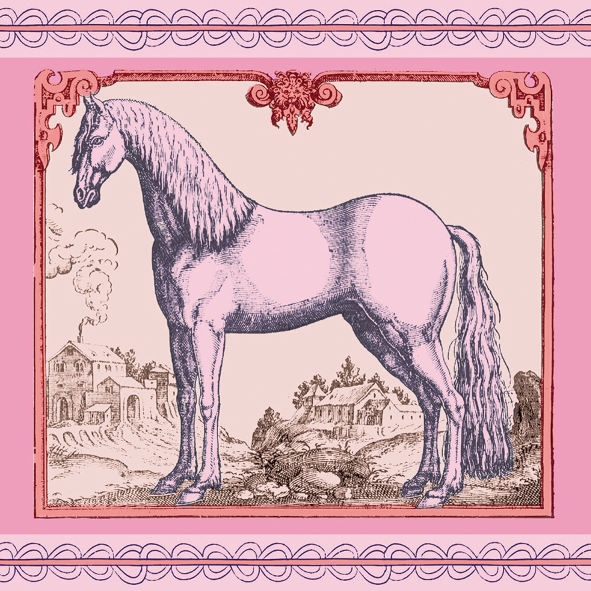 3er Set GMM Reiter Tapeten Bordüre, Tapetenborte - edle Pferde Tapeten Borte mit Voltigier Übungen in rosa, 3x5m, ideal zum Einzug, Umzug, Renovierung um Zimmer, Küche, Gänge, WC aufzupeppen