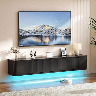 YITAHOME 140 cm Schwebender TV-Stand, Wandmontierte TV-Regale mit RGB-LED-Beleuchtung, Schwarz Hochglanz TV-Mediakonsolle, Schwebender TV-Schrank mit Großem Stauraum für Wohnzimmer und Schlafzimmer