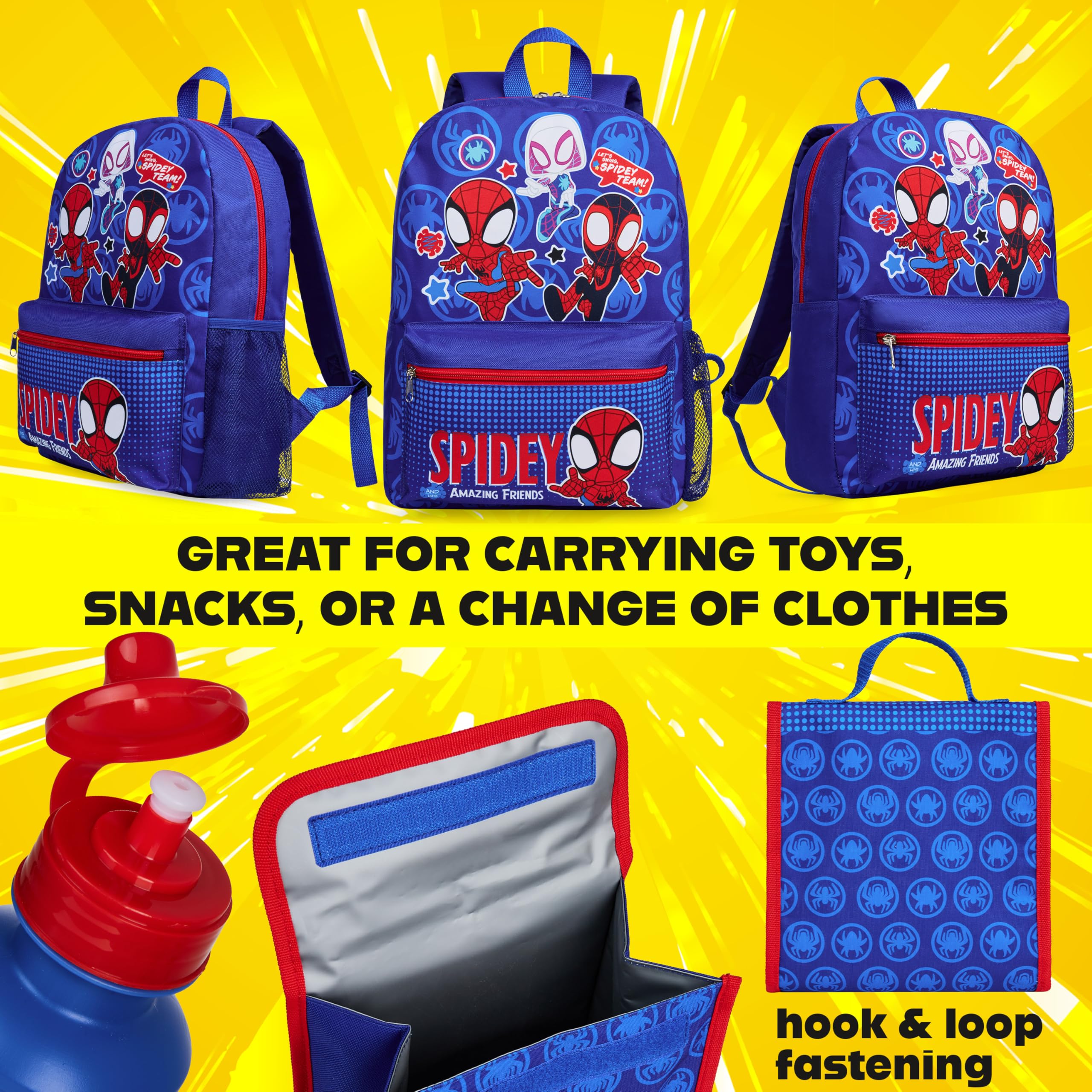 Marvel Spiderman Sac a Dos Enfant Set 4 Pcs Bouteille d'eau y Trousse Scolaire Sac a Lunch ou Portefeuille Porte-clés Cadeau Enfant (Spidey)