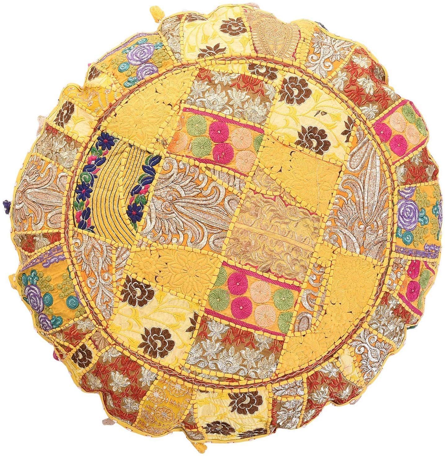 Sophia Art Round Floor Pillow Cushion Patchwork Pouf Ottoman Vintage Indian Foot Stool Bean Bag Floor Pillow Cover Home Decor Living Room Ottoman Bohemain Pillows (Yellow, 28 Inch)