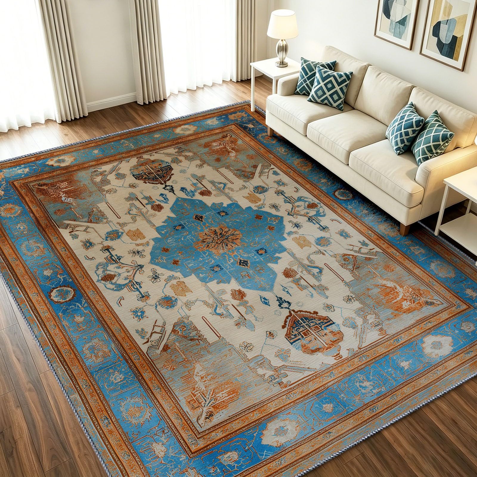 Alfombra beige antimanchas de pelo corto para salón, vintage lavable de 150 x 210 cm