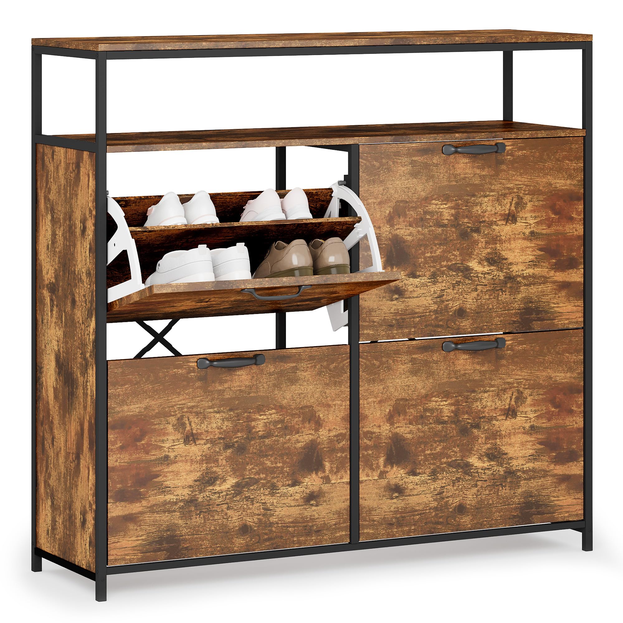 Zapatero con 4 Compartimentos y Estante Abierto, Mueble para 16-24 Pares, Diseño Industrial, Estrecho para Pasillo, Entrada y Salón,Retro | 4 cajones plegables y estantes ajustables, puede contener 12 a 18 pares, armario práctico para entrada y pasillo