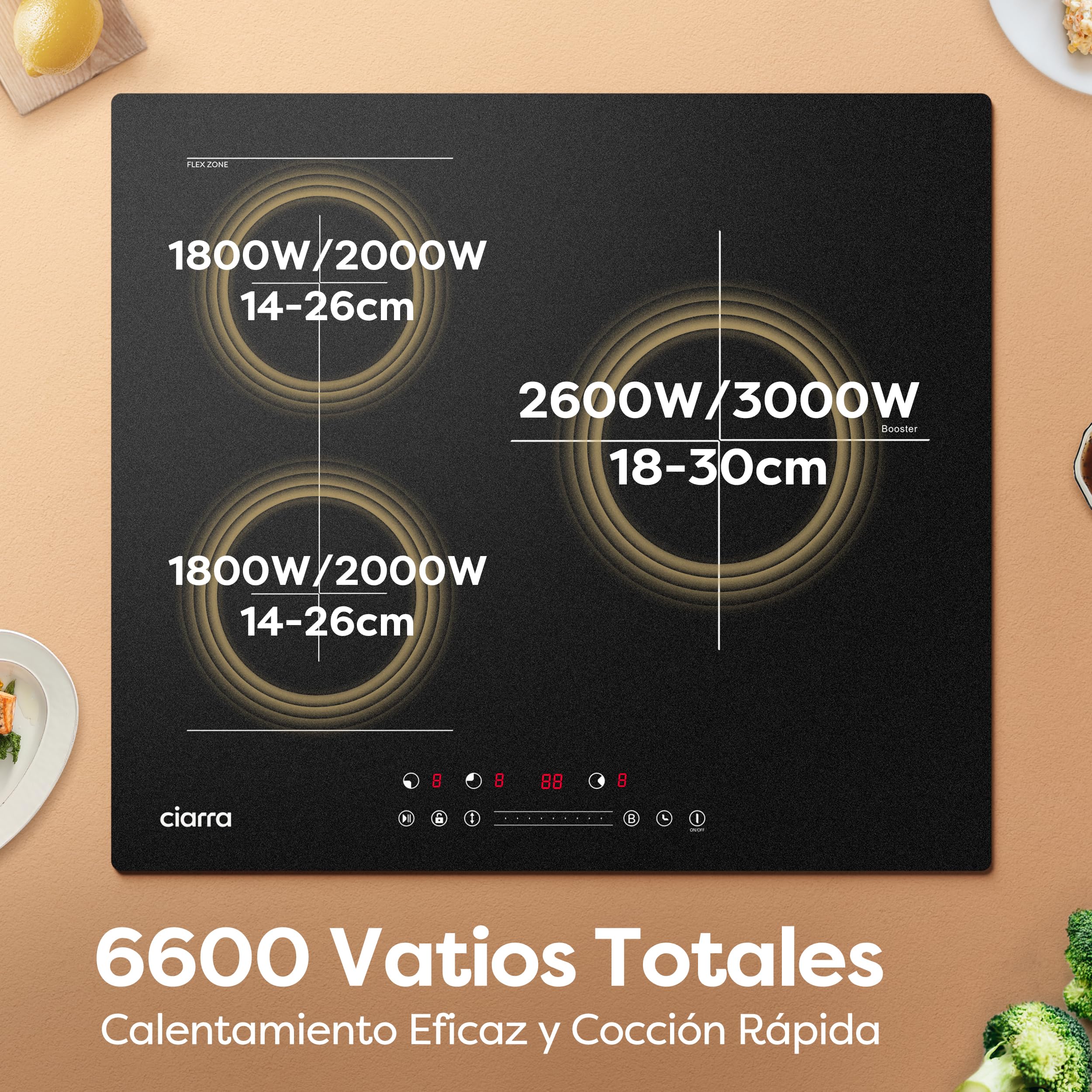 Ciarra Placa de Inducción 3 Zonas Flexible 2 en 1, 60 cm, 6600W | Boost, Función Pausa, Control Táctil Slider, Temporizador, Bloqueo Infantil, Detector de Recipientes