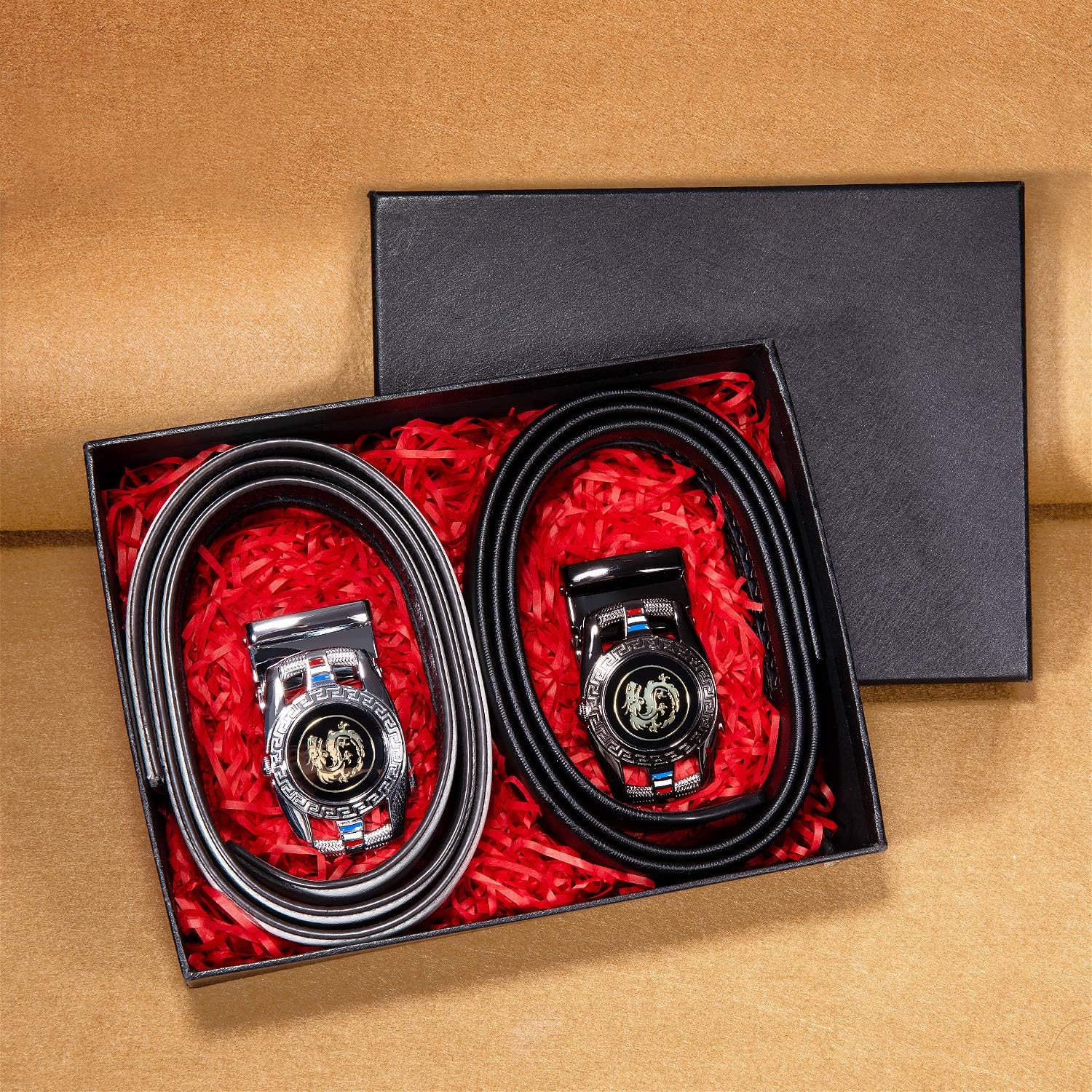 Barry.Wang Mens Ratchet Belt 2 Pack Buckle Gift Set Dress Belts Leather Slide Strap Automatic 1 3/8" Wedding Business - Image 3