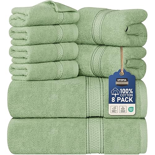 Utopia Towels 8 Piece Premium Towel Set, 2 Bath, 2 Hand, and 4 Wash Cloths, 600 GSM 100% Ring Spun Cotton, Highly Absorbent Towels for Bathroom, Gym, Hotel, and Spa, Sage Green