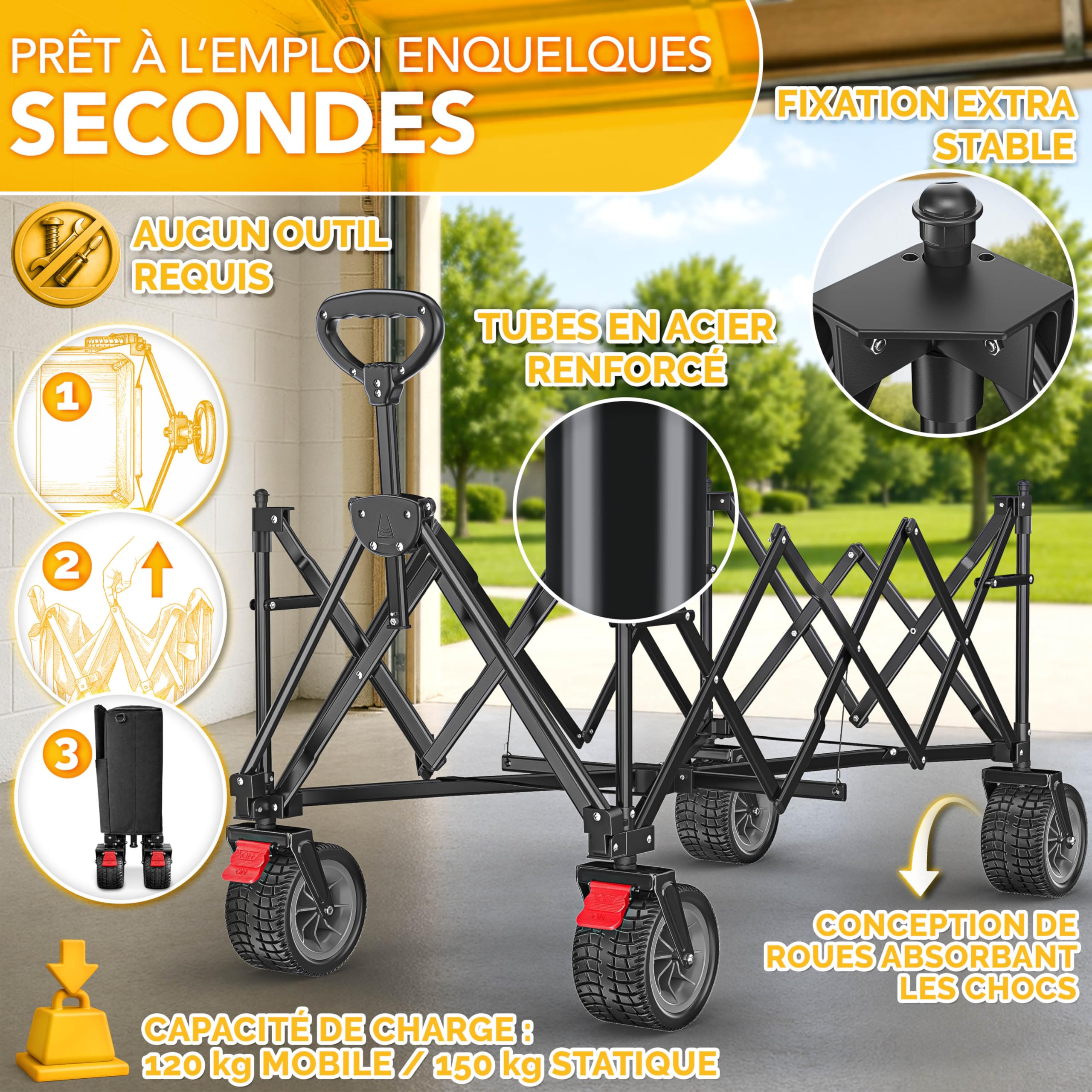 TRESKO® Chariot de transport pliable 215 L avec frein | Chariot à main pliable 150 kg avec pneus en caoutchouc plein | Chariot de plage pliable extra large tout-terrain | Chariot de transport avec sac