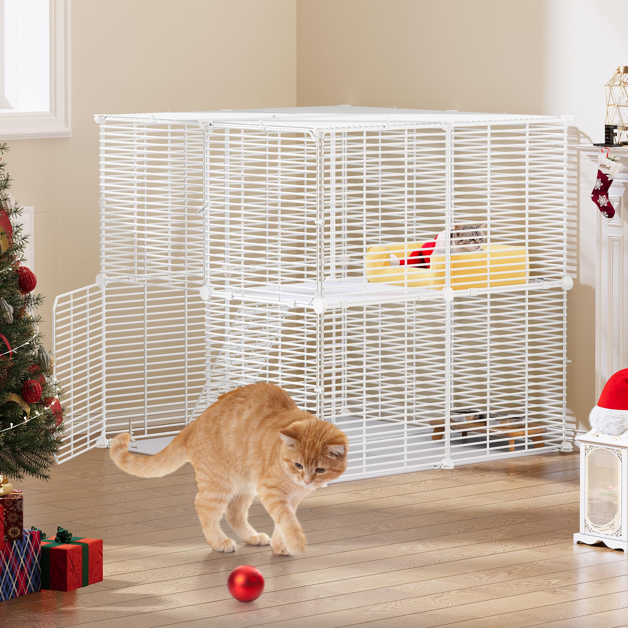 YITAHOME Gabbia per Gatti da Esterno/Interno, Recinto per Gatti con 2 Porte, 1 Scale, Box per Gatti in Metallo a 2 Livelli, Gabbia con Filo Metallico Denso per Gatti, Coniglio, Bianco, 71x71x71cm
